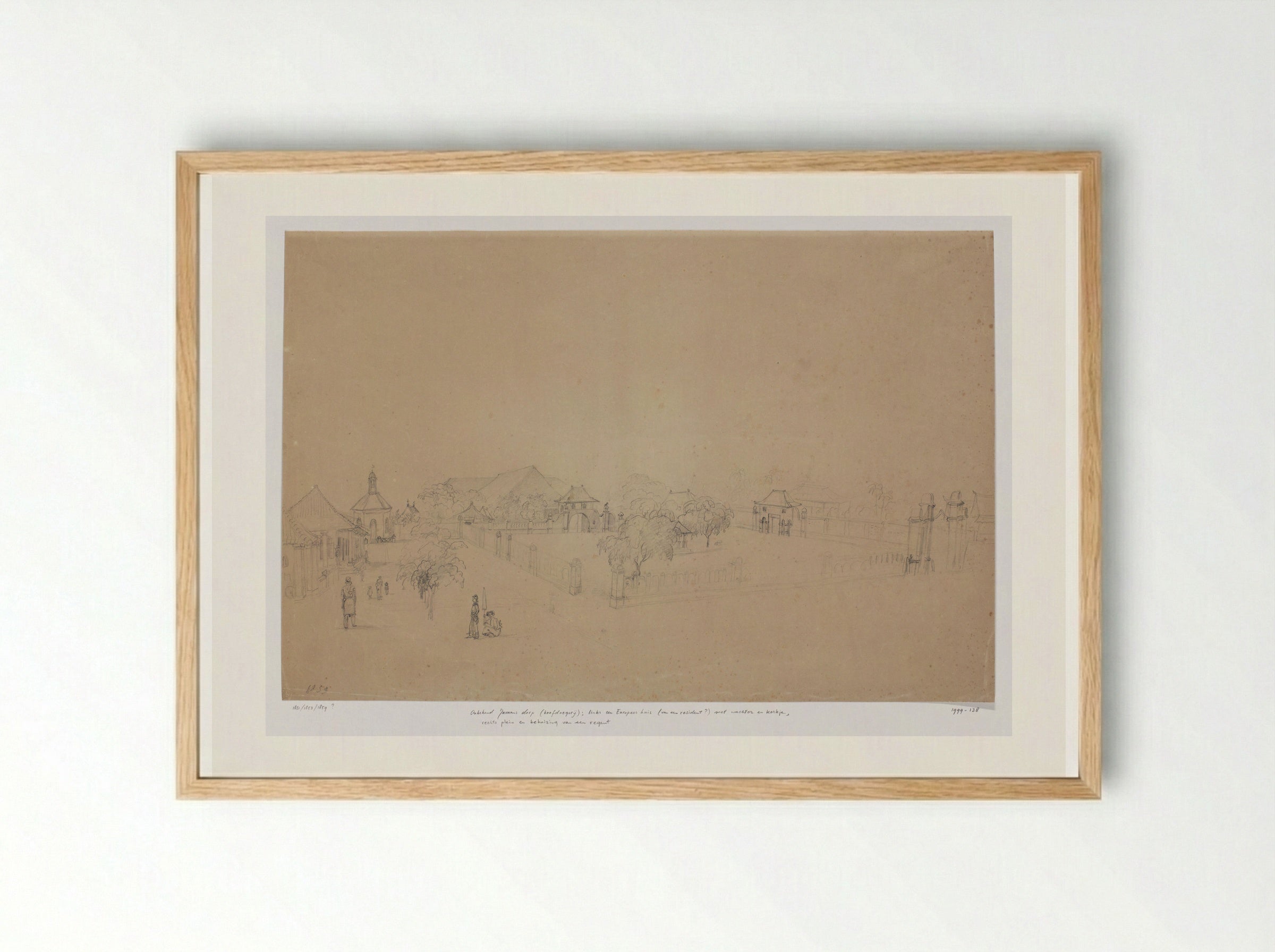 Javaans dorp (hoofdnegorij) met links een Europees huis, West-Java - Adrianus Johannes Bik - Framed Print Wood