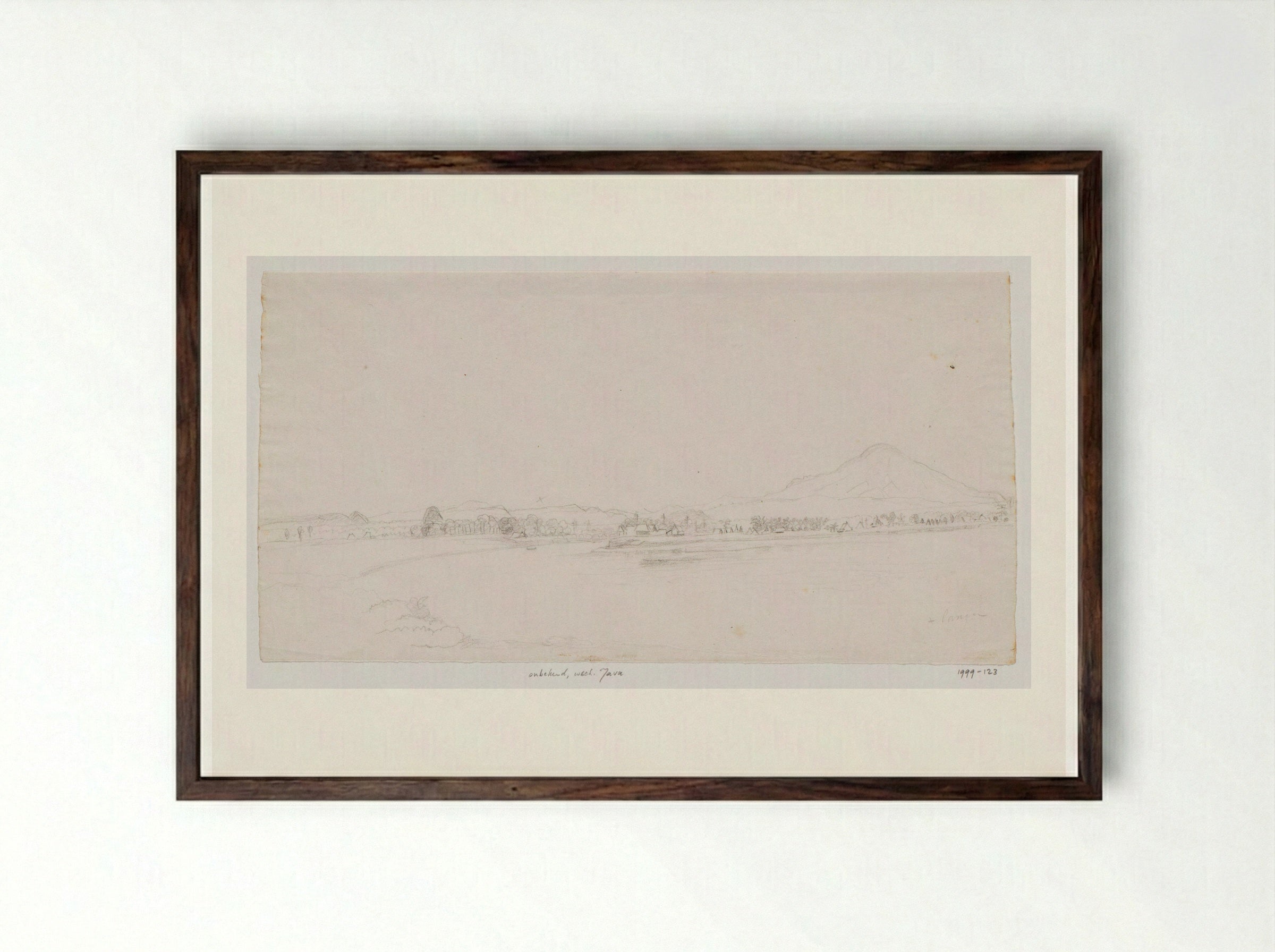 Javaans landschap met rivier en een dorp - Adrianus Johannes Bik - Framed Print Dark Wood