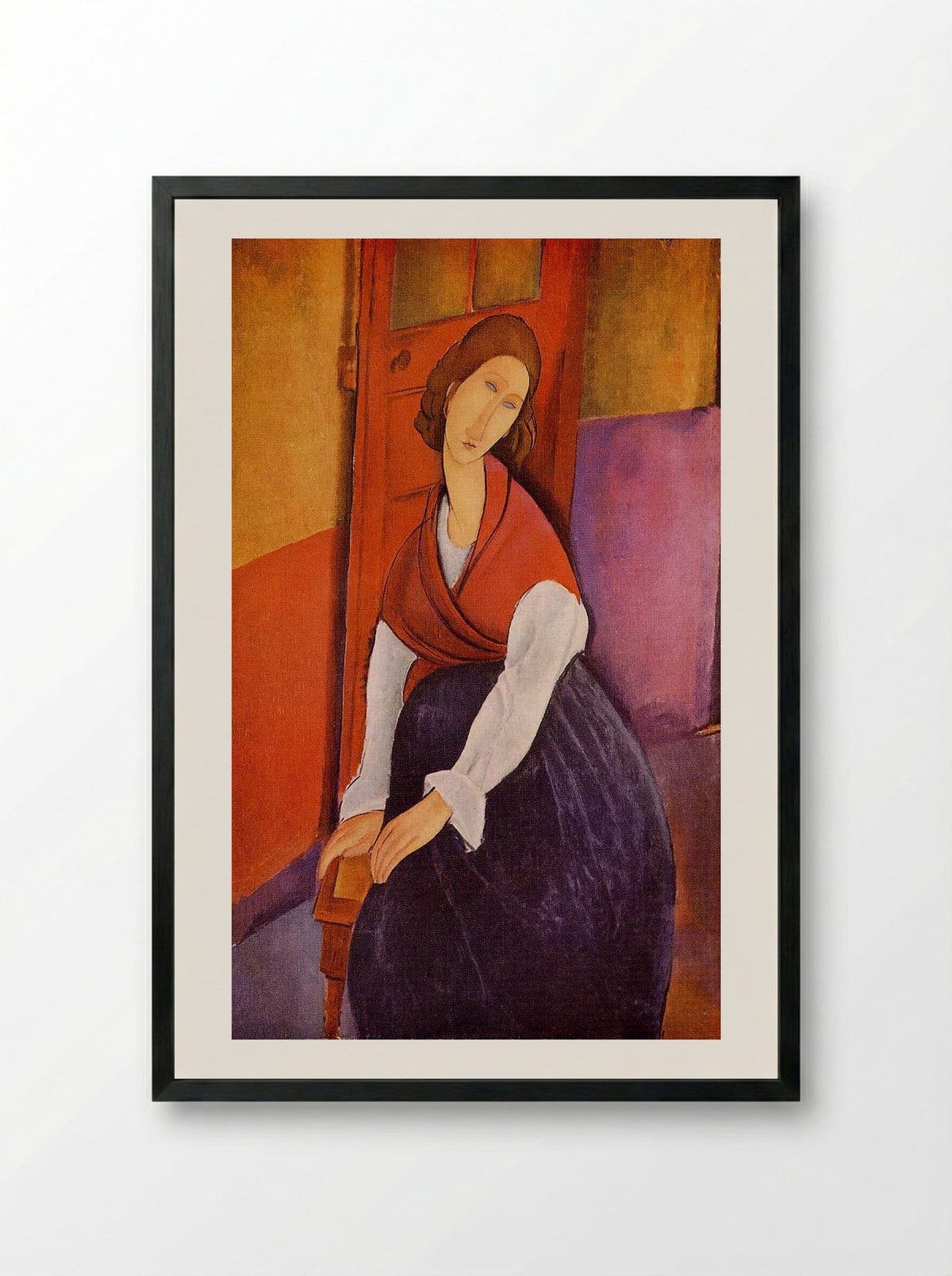 Jeanne Hebuterne in Red Shawl - Amedeo Modigliani - Framed Print Black