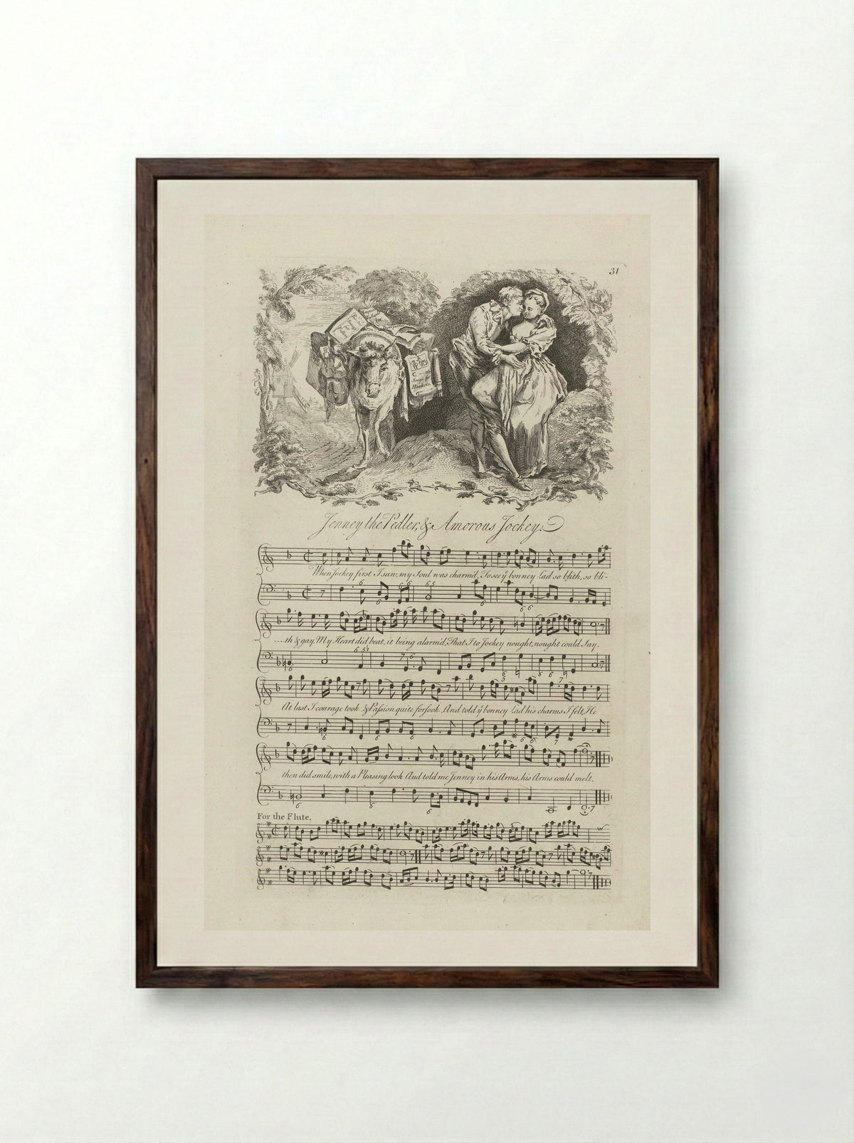 Jenney the Pedler & Amorous Jockey - George Bickham the Younger - Framed Print Dark Wood