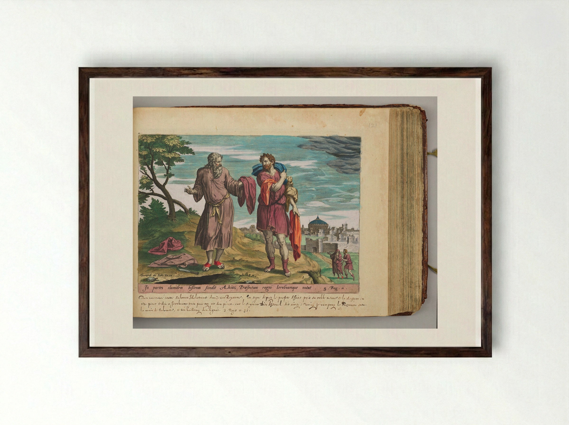 Jeroboam and the Prophet Ahijah Renting the New Garment in Twelve Pieces - Hans Collaert the Elder - Framed Print Dark Wood