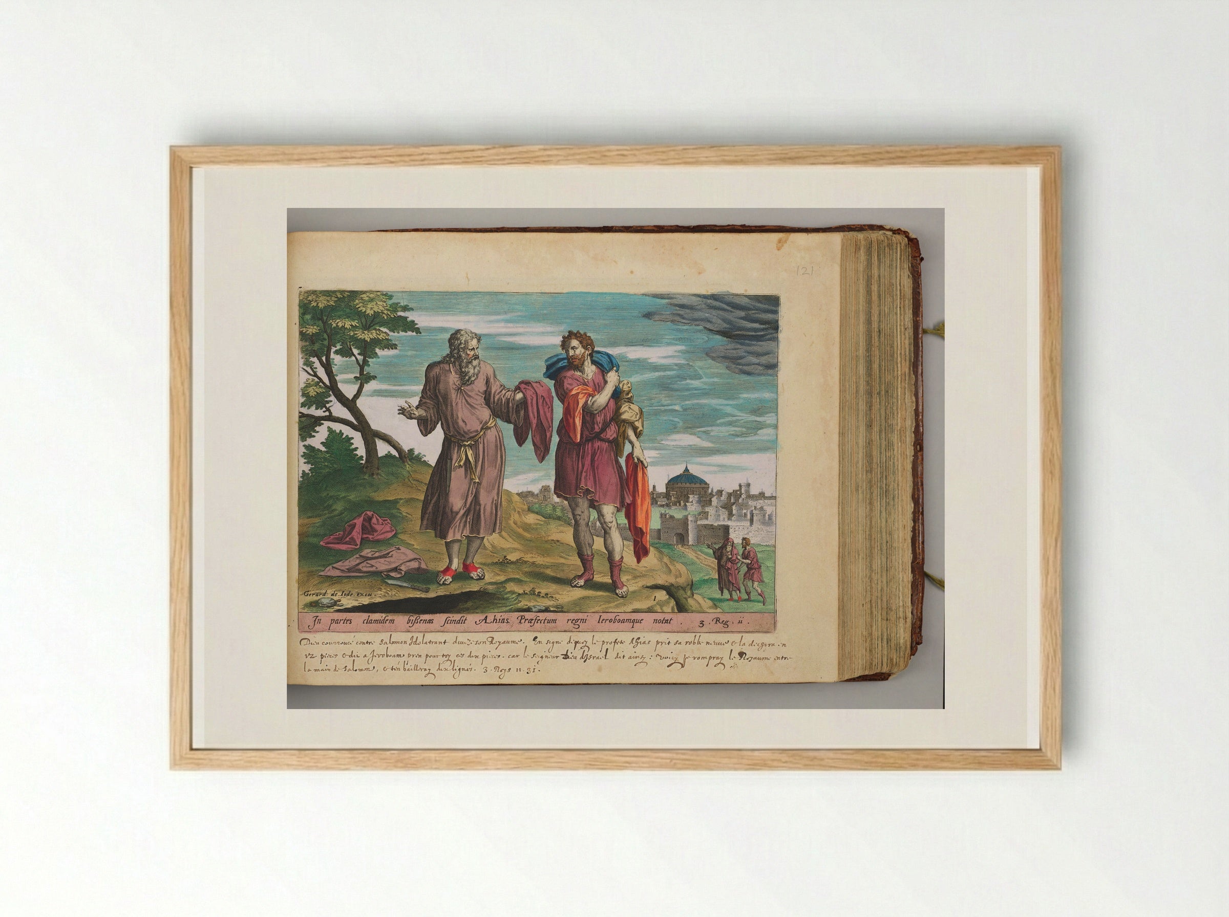 Jeroboam and the Prophet Ahijah Renting the New Garment in Twelve Pieces - Hans Collaert the Elder - Framed Print Wood