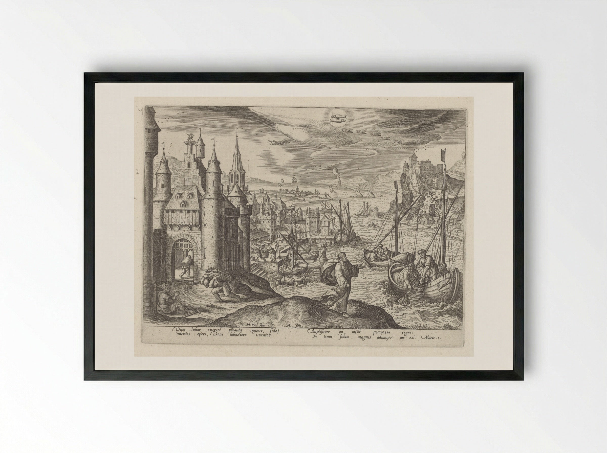 Jesus Calling the Apostles Among the Fishermen - Adriaen Collaert - Framed Print Black