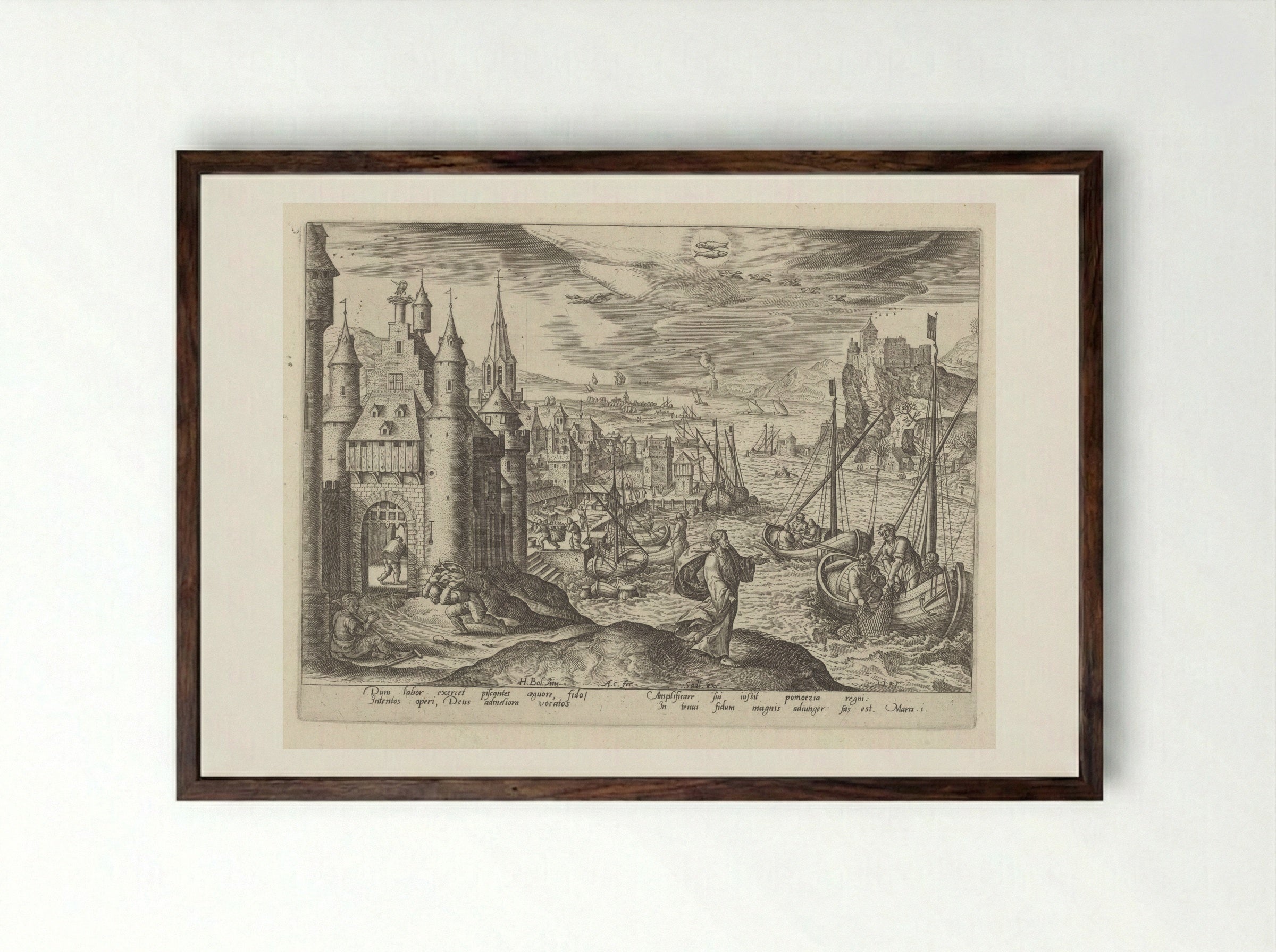 Jesus Calling the Apostles Among the Fishermen - Adriaen Collaert - Framed Print Dark Wood
