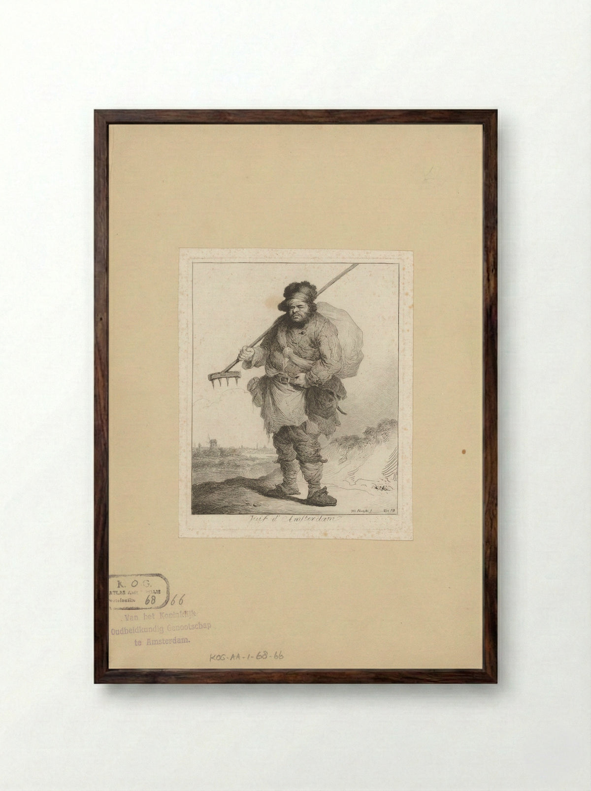 Jewish Man from Amsterdam with a Sack and Rake - Michał Płoński - Framed Print Dark Wood