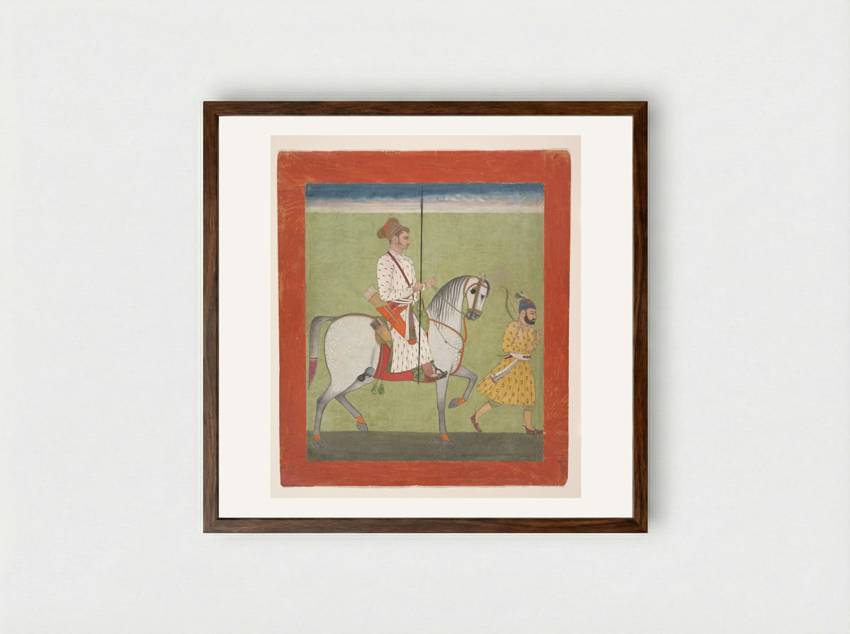 Jhujhar Singh on Horseback - Dalchand - Framed Print Dark Wood