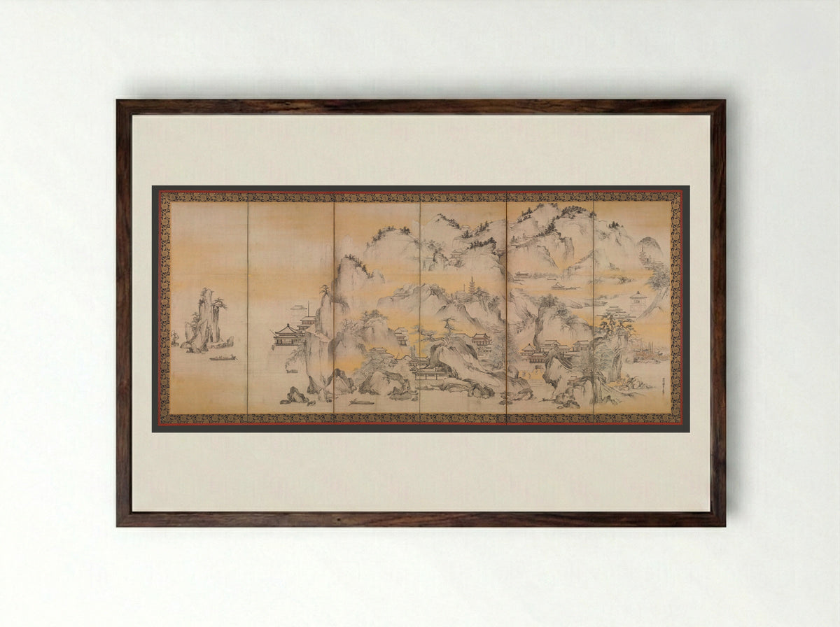 Jinshan Island and West Lake - Kano Sanraku - Framed Print Dark Wood