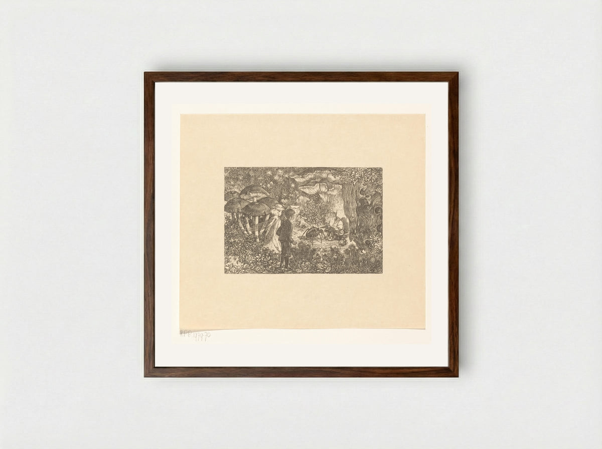 Johannes en Windekind op bezoek bij de kabouter Wistik - Edzard Koning - Framed Print Dark Wood