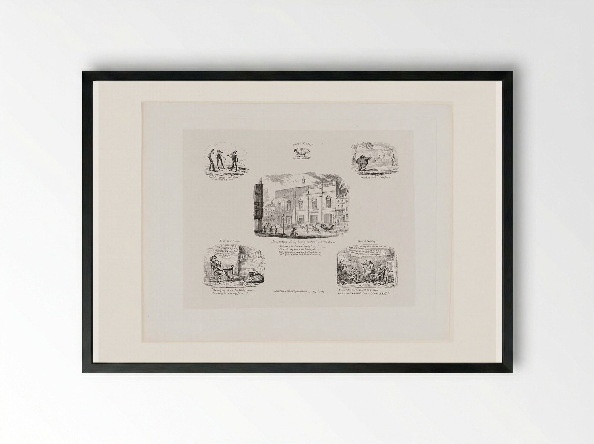 Johnny Cockaigne Showing Cousin Tummas a Lions Den - George Cruikshank - Framed Print Black