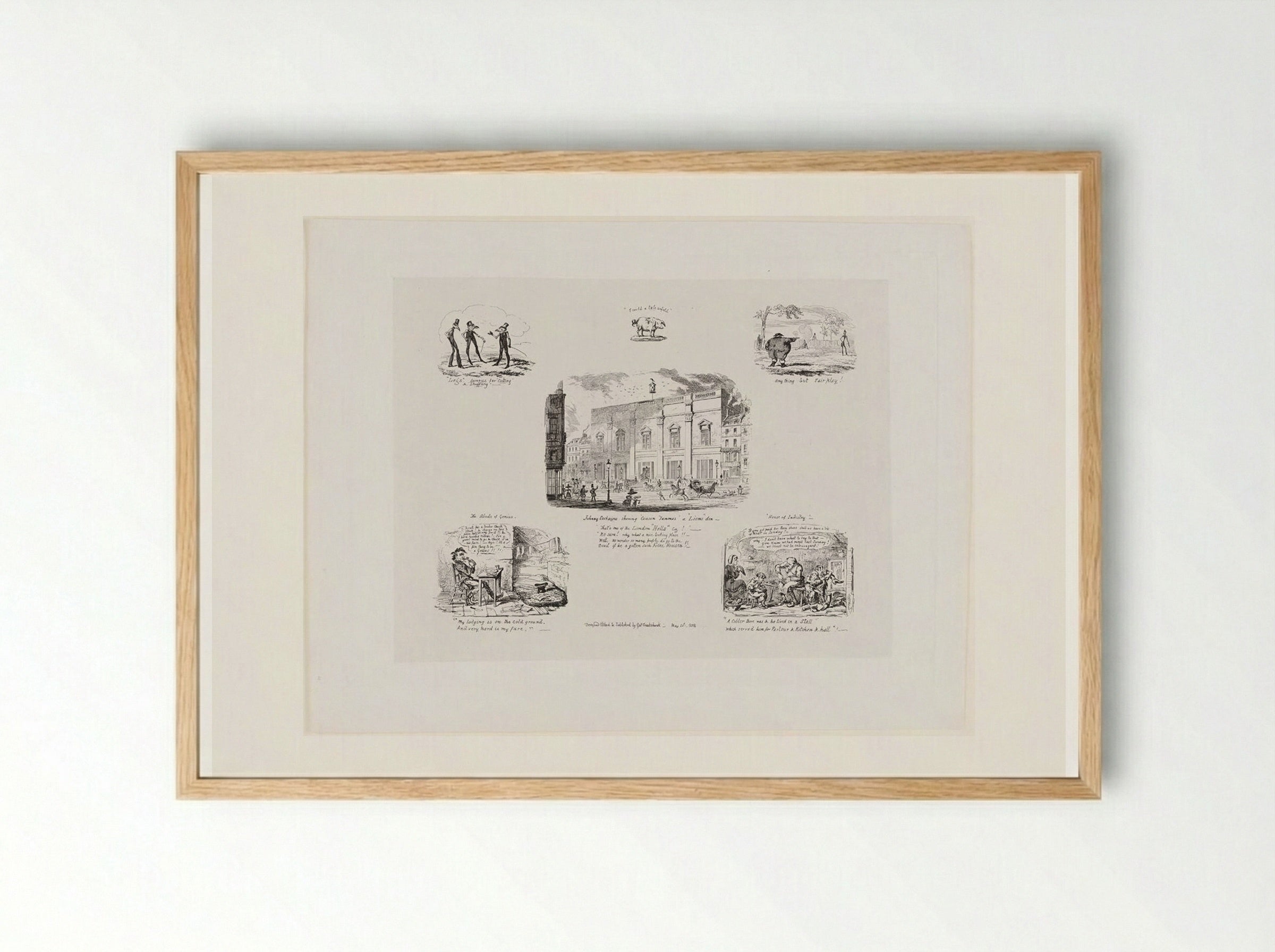 Johnny Cockaigne Showing Cousin Tummas a Lions Den - George Cruikshank - Framed Print Wood