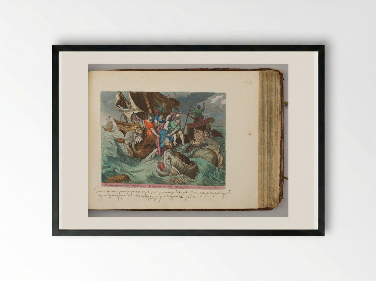Jonah Cast into the Sea - Hieronymus Wierix - Framed Print Black