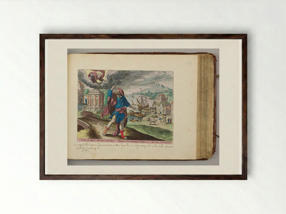 Jonah Fleeing the Presence of the Lord - Hieronymus Wierix - Framed Print Dark Wood