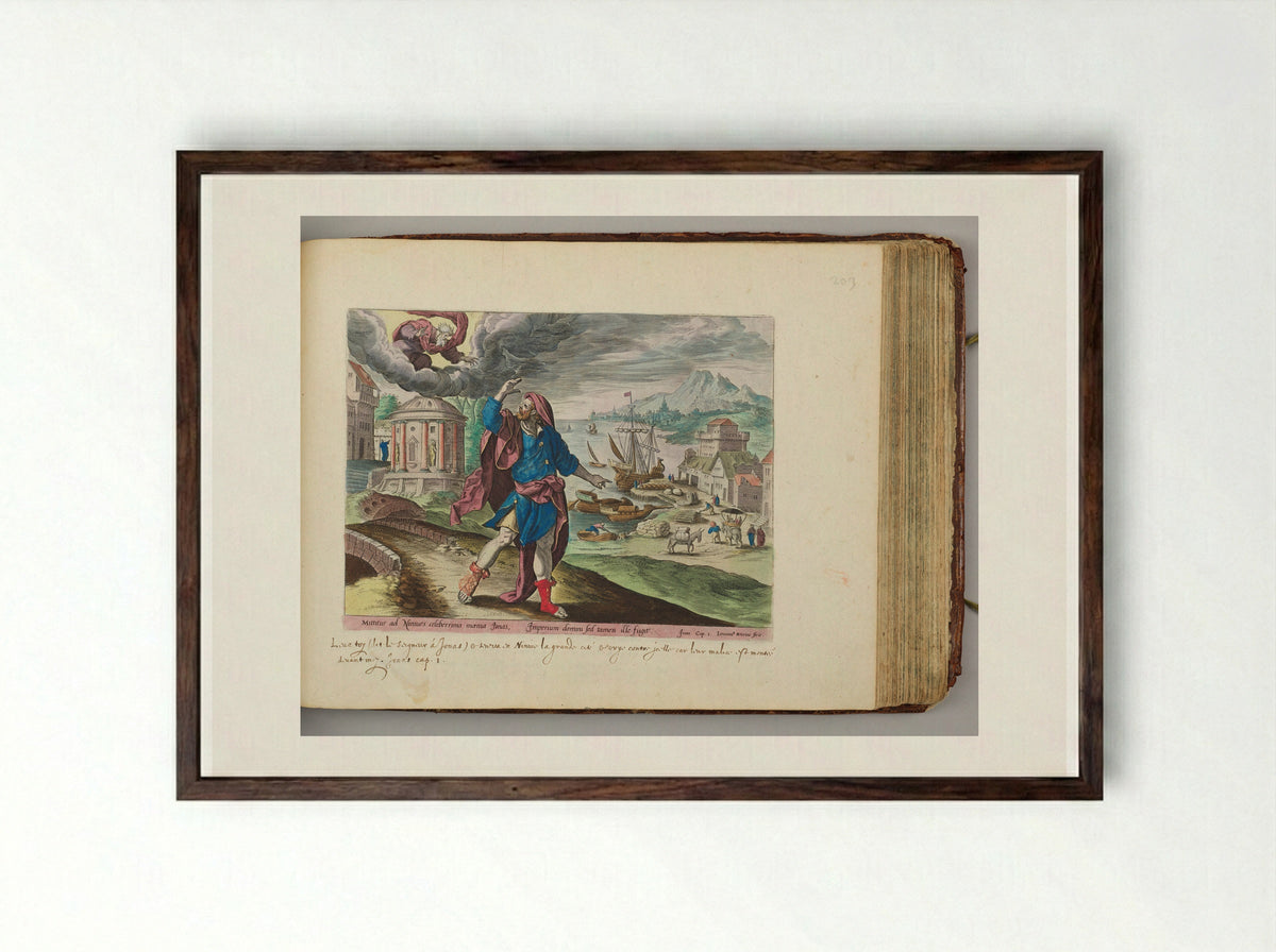 Jonah Fleeing the Presence of the Lord - Hieronymus Wierix - Framed Print Dark Wood