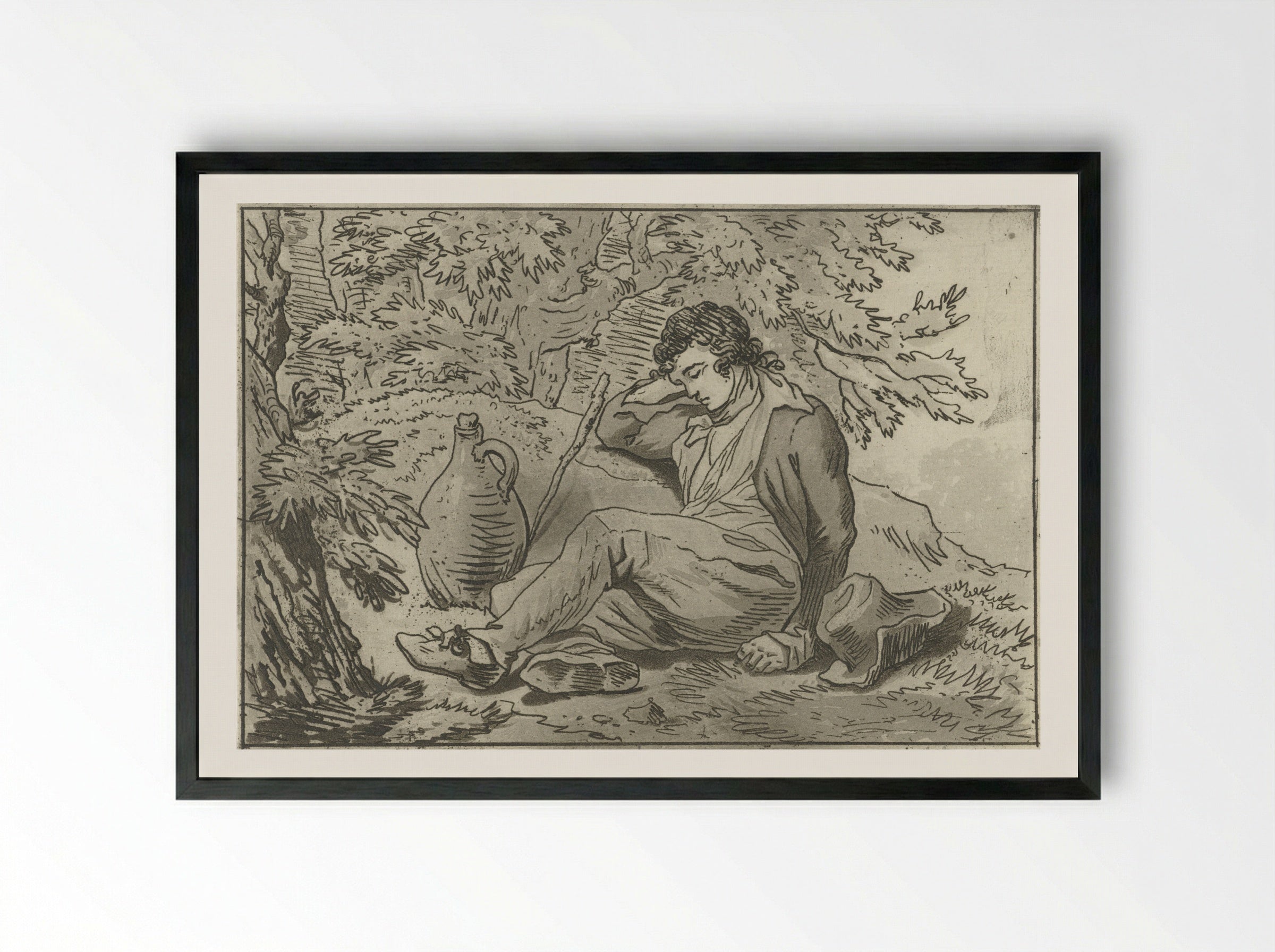 Jonge man zittend naast een kruik - Jacob Ernst Marcus - Framed Print Black