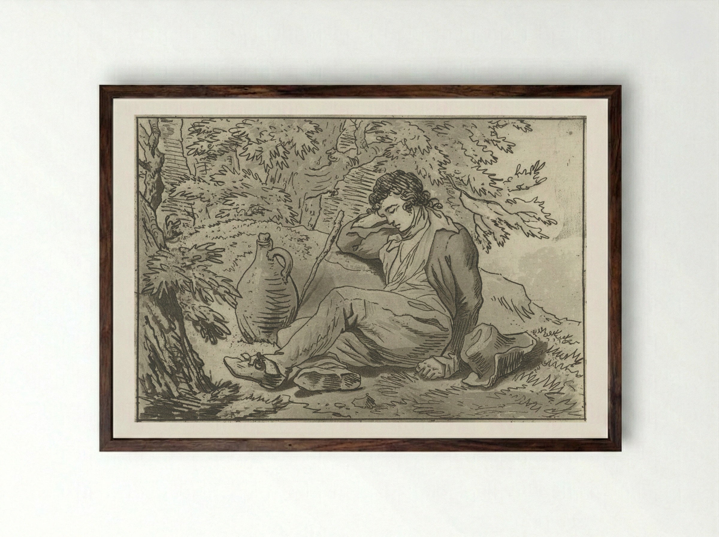 Jonge man zittend naast een kruik - Jacob Ernst Marcus - Framed Print Dark Wood