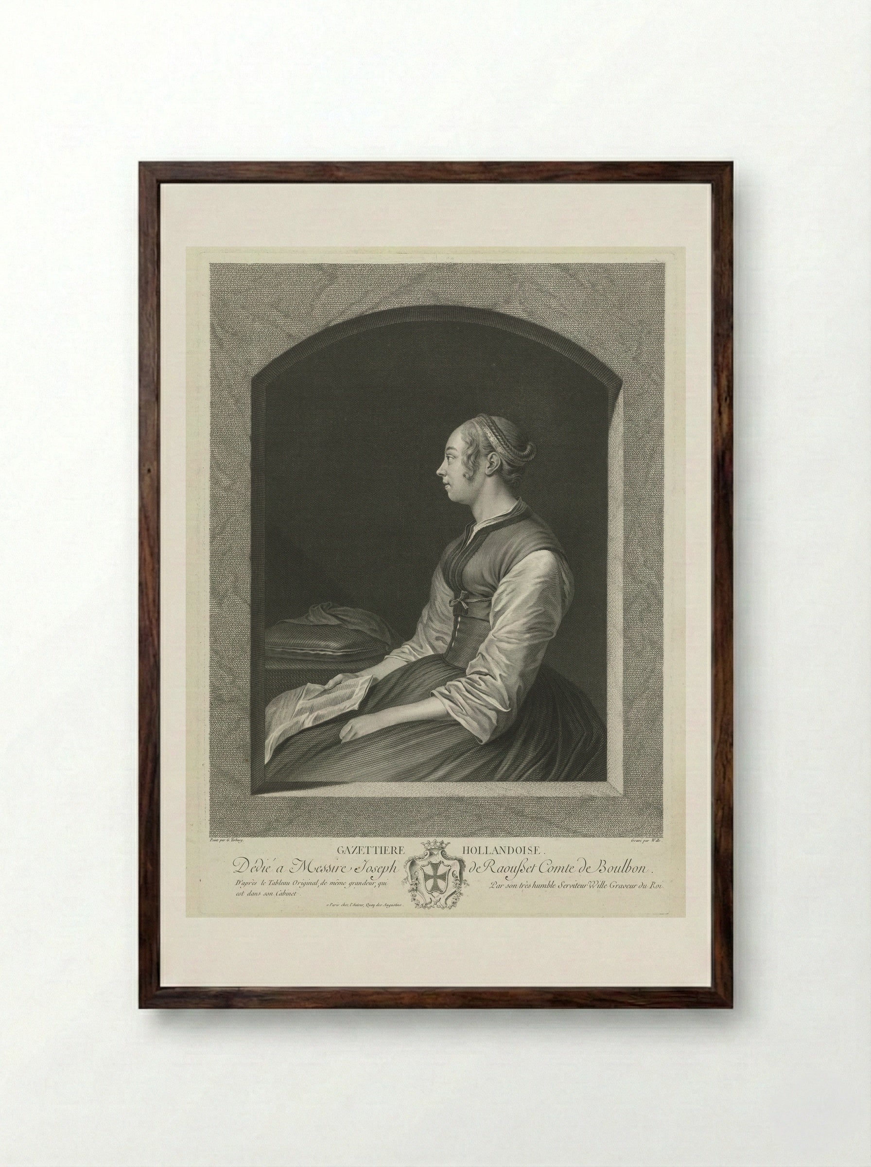 Jonge vrouw in bed met liefdespijn - Gesina ter Borch - Framed Print Dark Wood