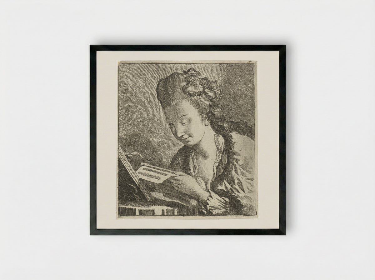 Jonge vrouw leest bladmuziek - Theodorus de Roode - Framed Print Black