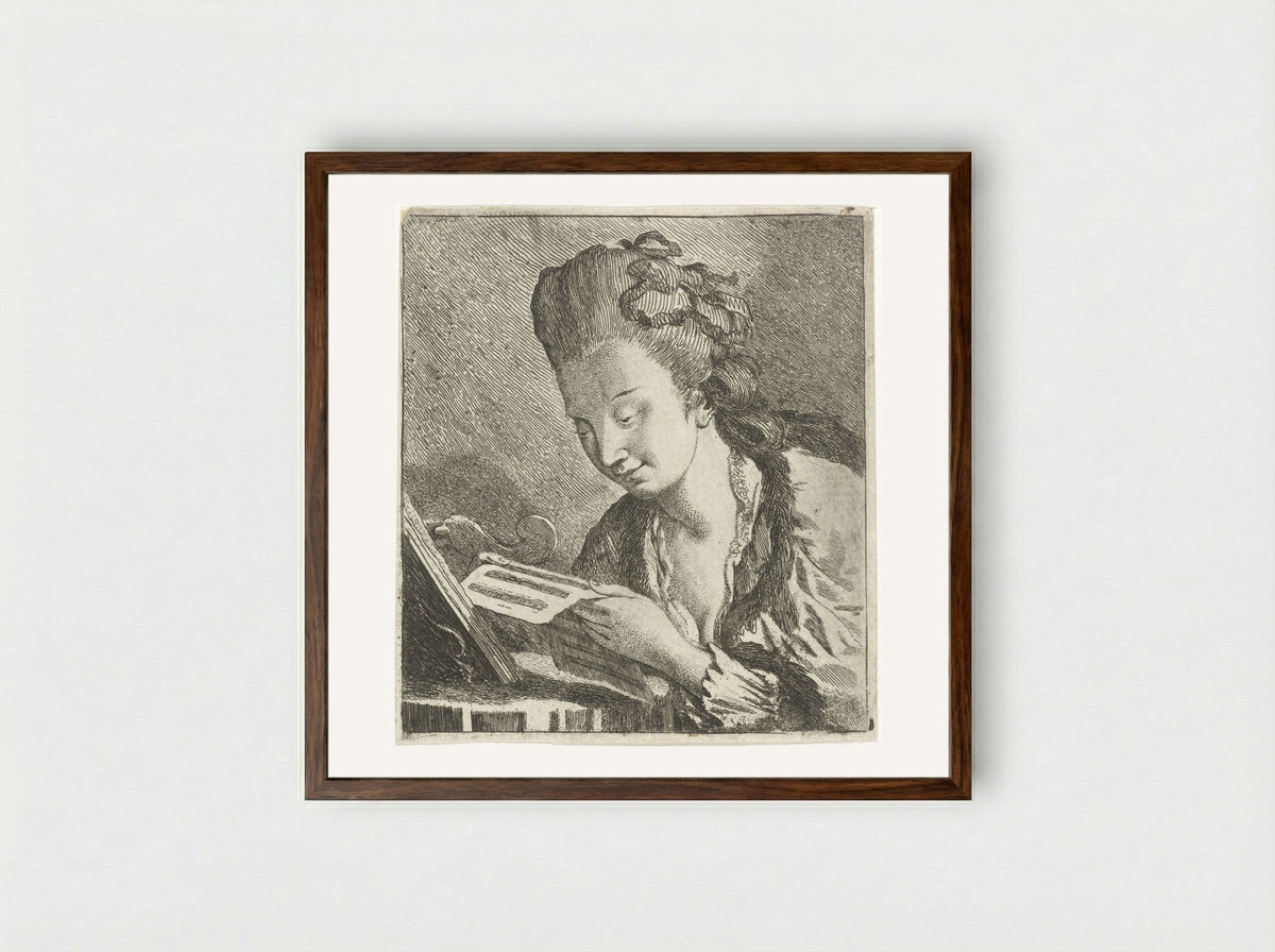 Jonge vrouw leest bladmuziek - Theodorus de Roode - Framed Print Dark Wood