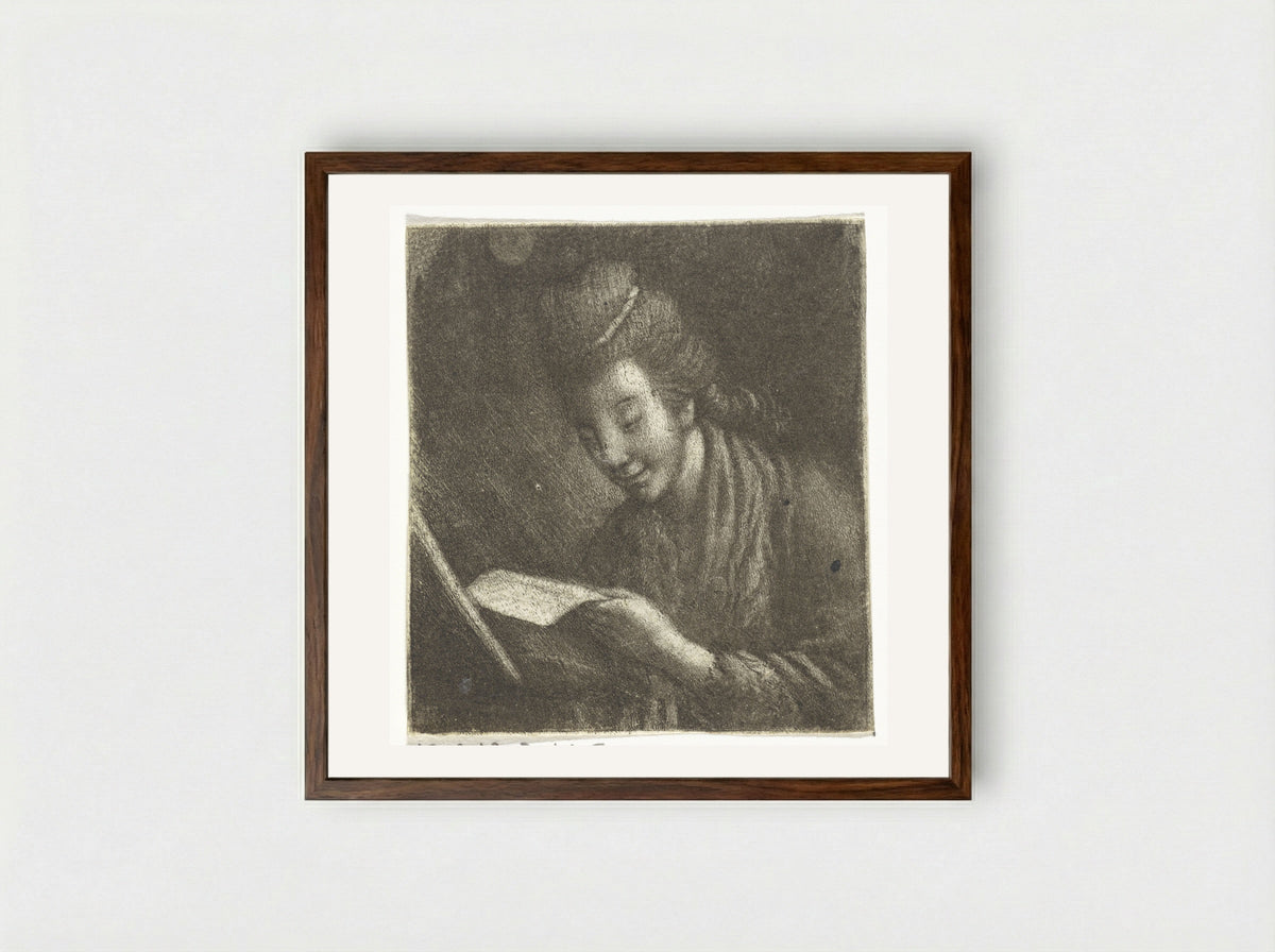 Jonge vrouw met bladmuziek - Theodorus de Roode - Framed Print Dark Wood