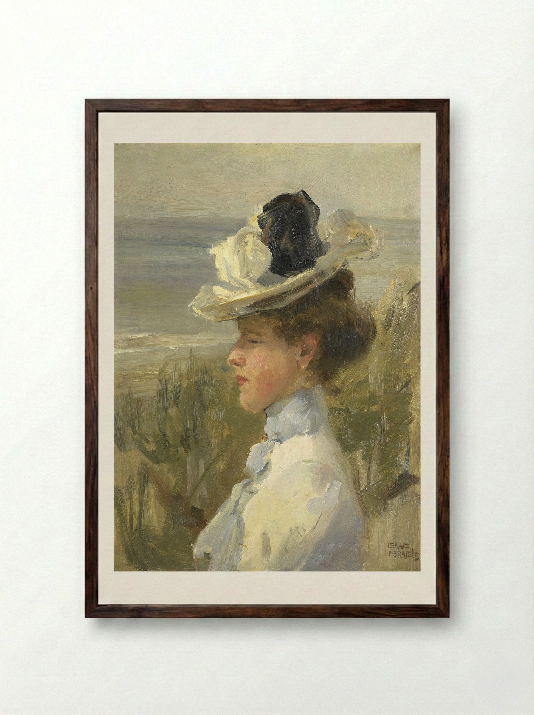 Jonge vrouw, uitkijkend over zee - Isaac Israels - Framed Print Dark Wood