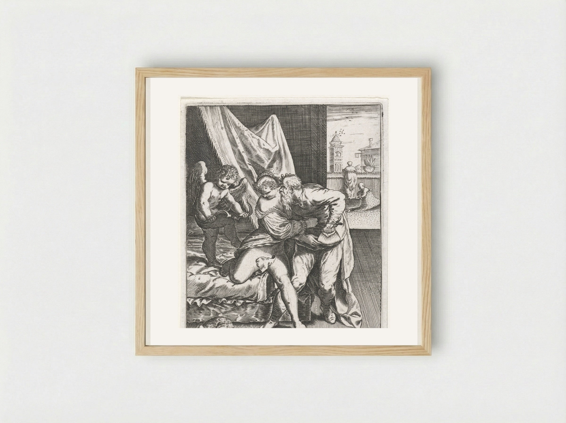 Jonge vrouw wijst oude vrijer af - Johann Theodor de Bry - Framed Print Wood