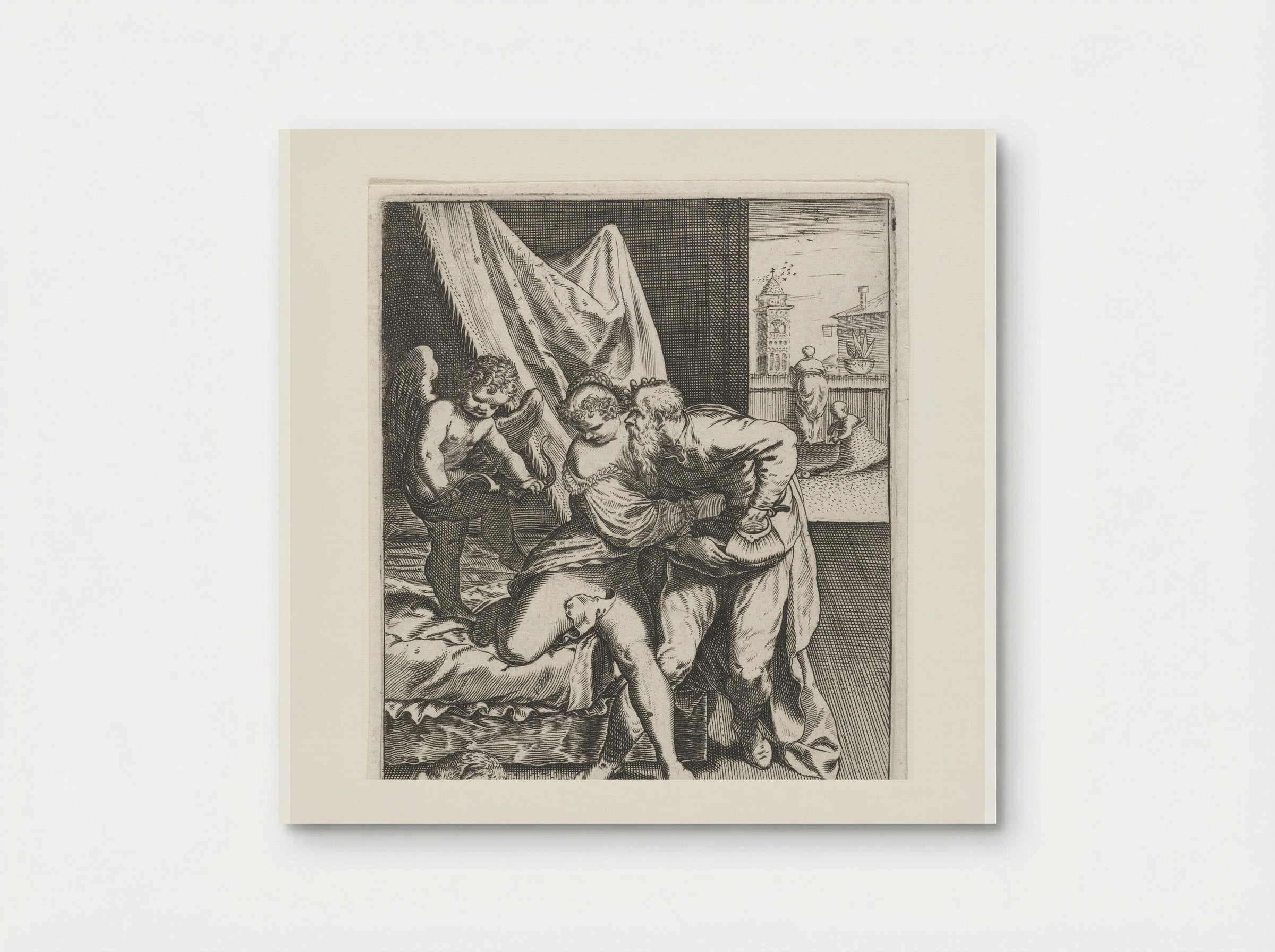 Jonge vrouw wijst oude vrijer af - Johann Theodor de Bry - Poster