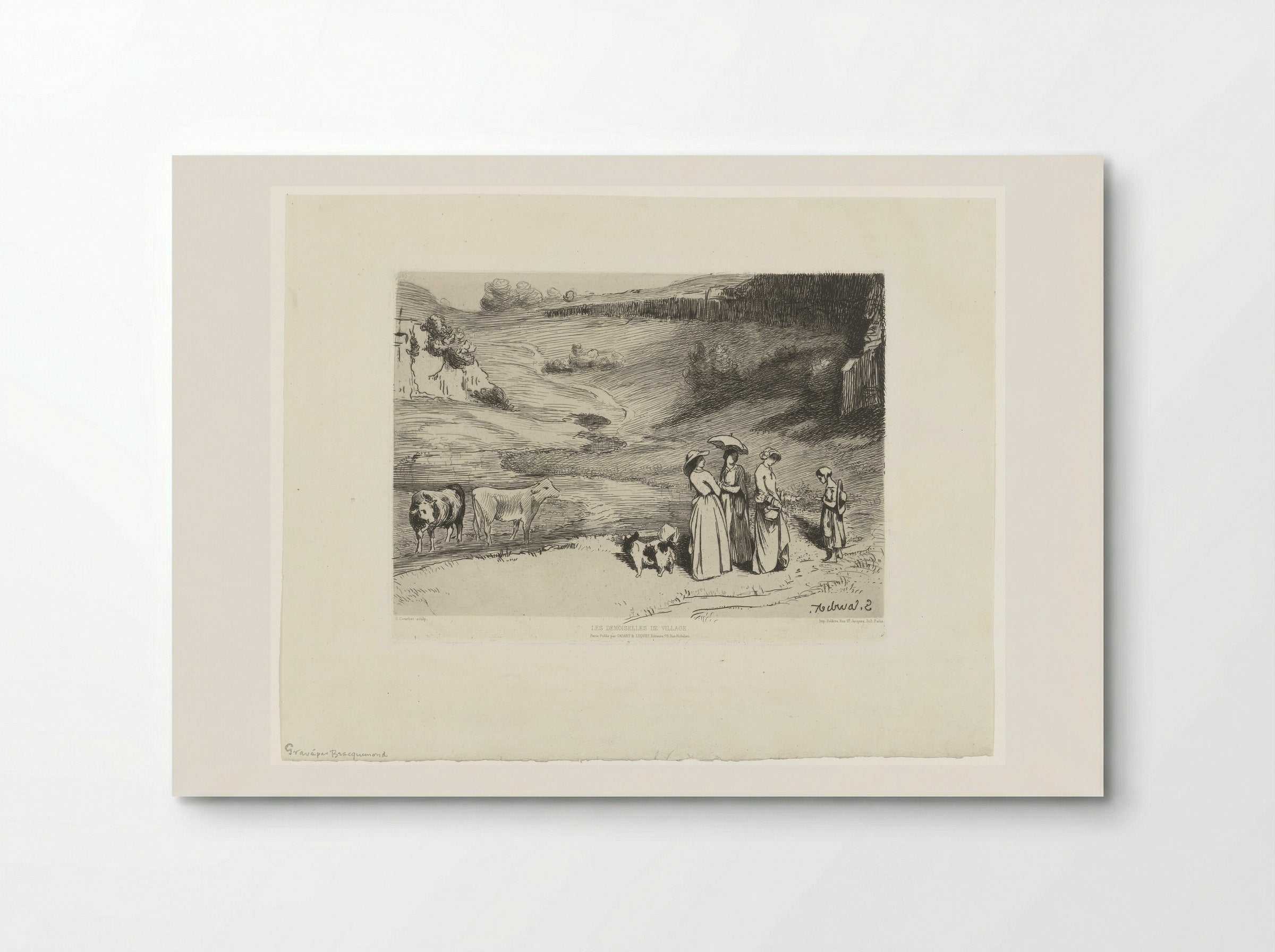 Jonge vrouwen geven herderin geld in heuvellandschap - Félix Bracquemond - Poster