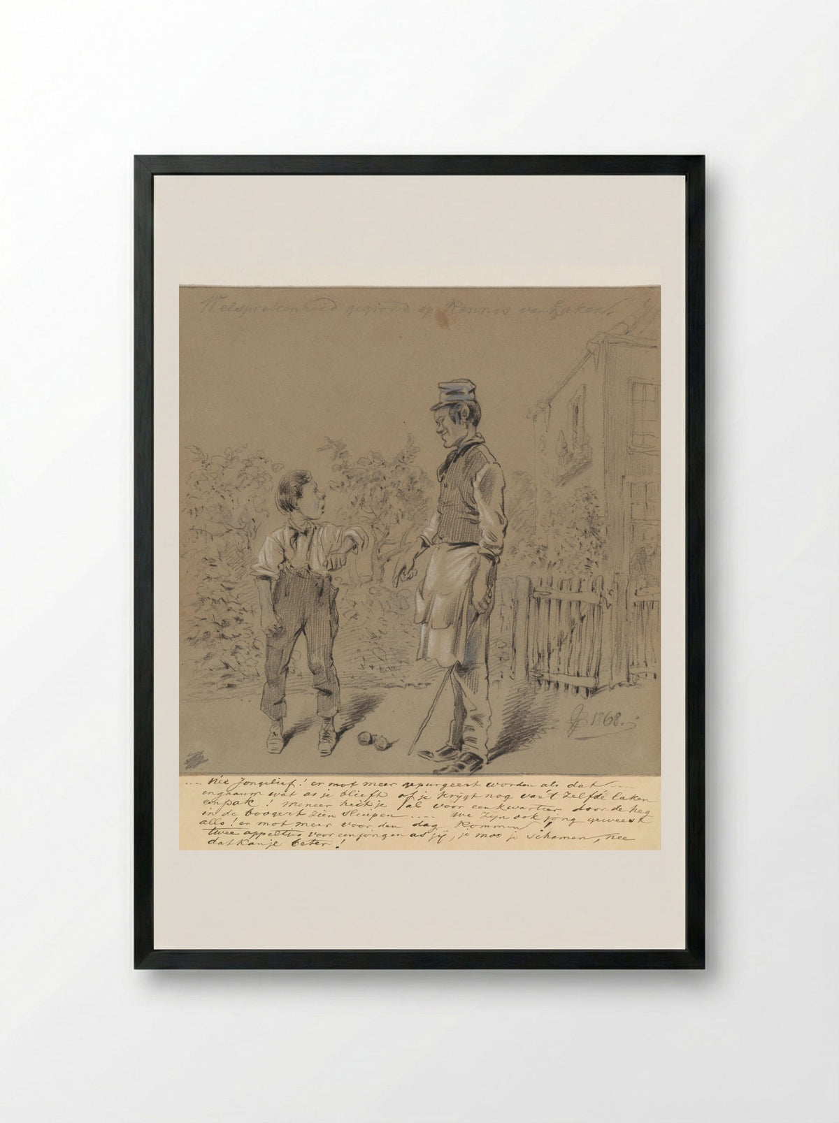 Jongen betrapt op stelen van appels in boomgaard - Pieter van Loon - Framed Print Black