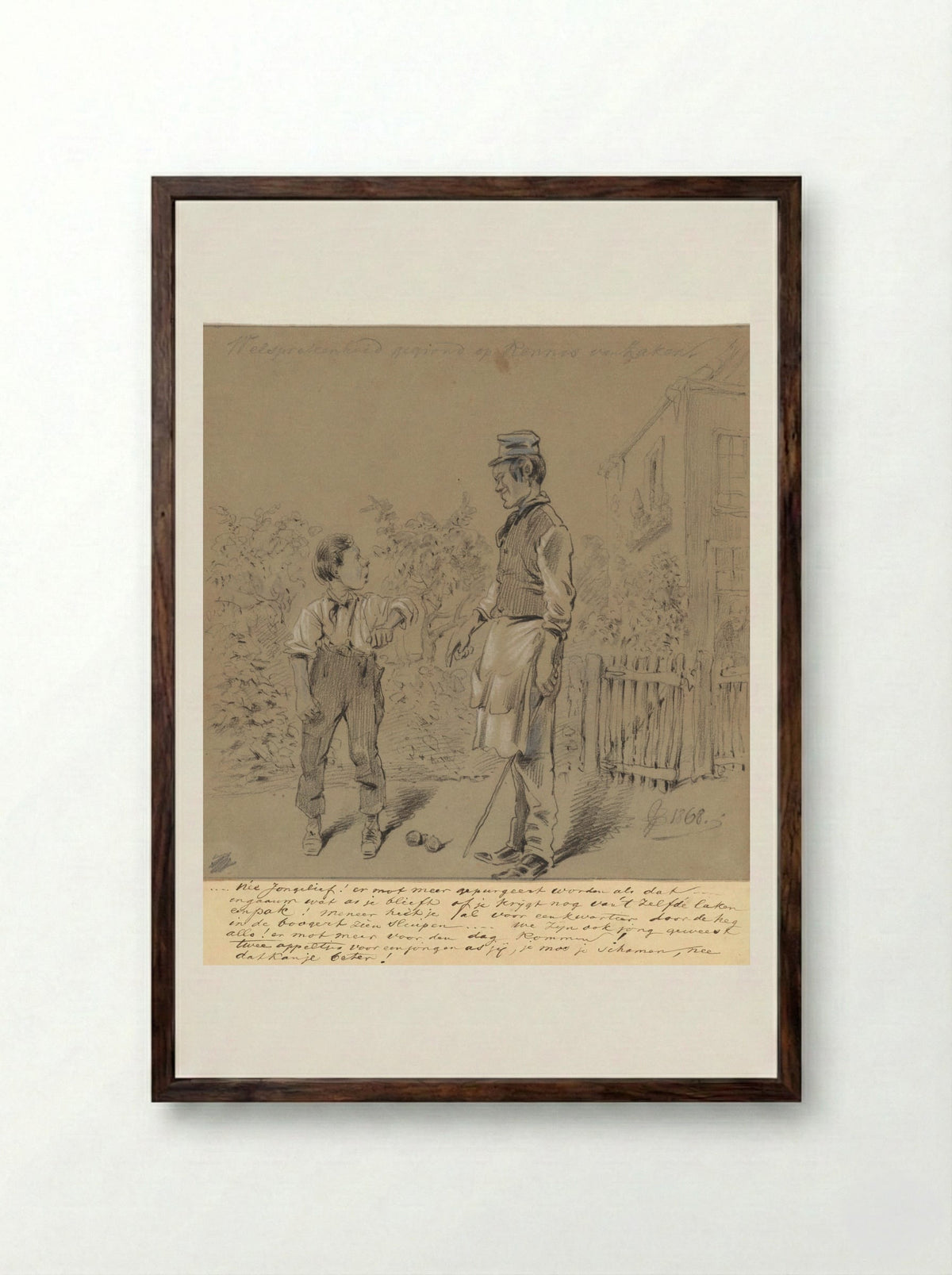 Jongen betrapt op stelen van appels in boomgaard - Pieter van Loon - Framed Print Dark Wood