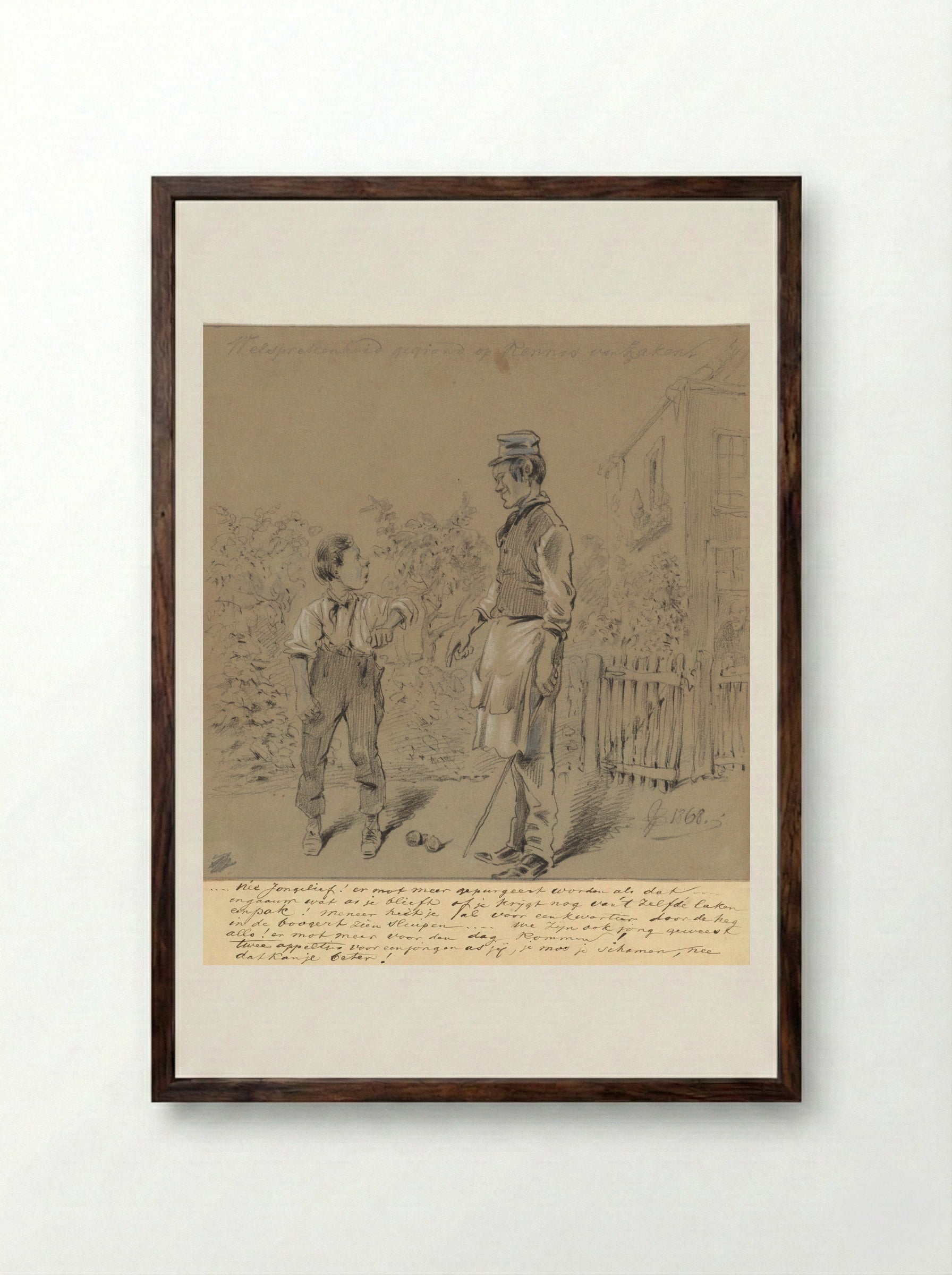 Jongen betrapt op stelen van appels in boomgaard - Pieter van Loon - Framed Print Dark Wood