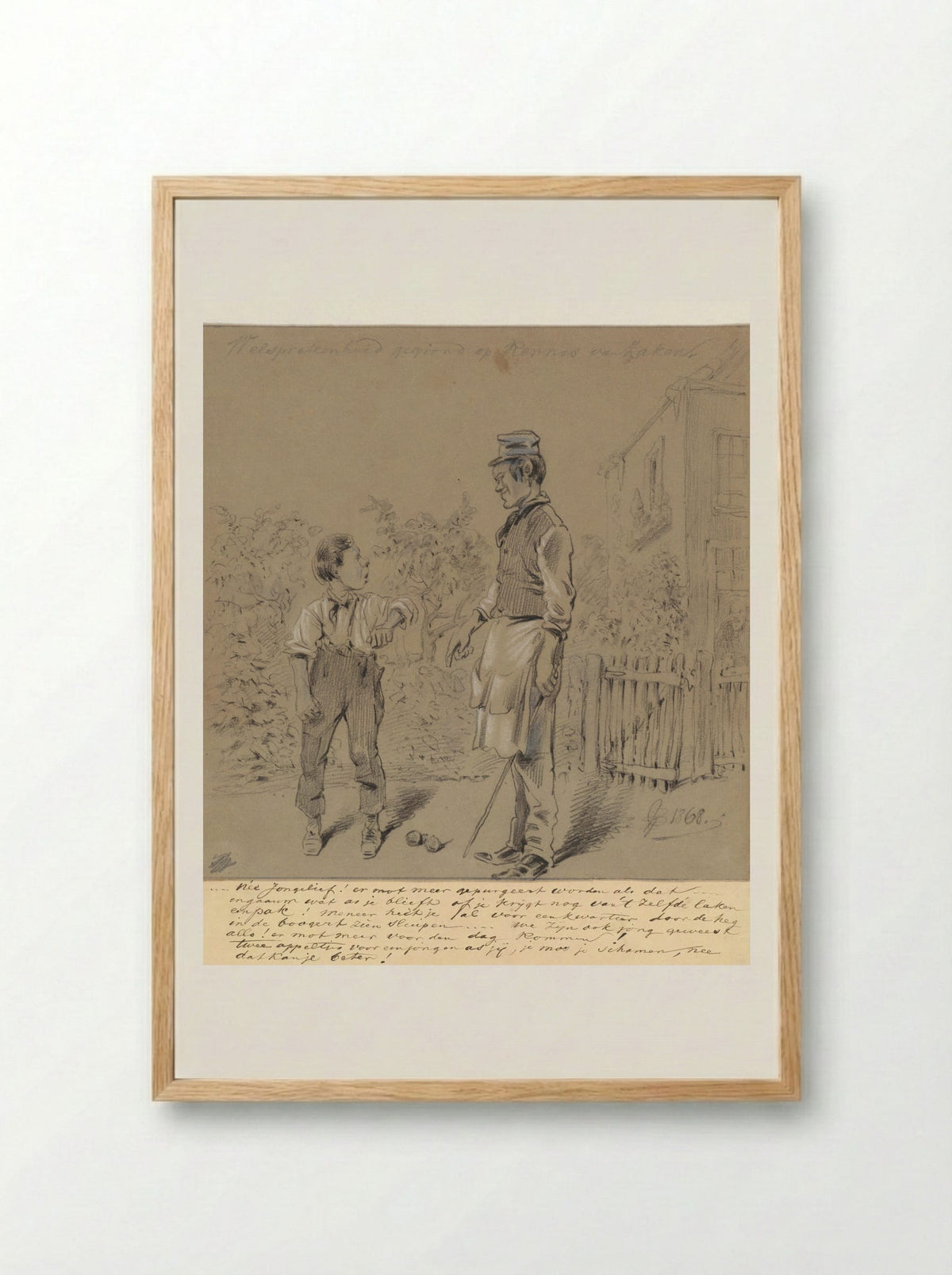 Jongen betrapt op stelen van appels in boomgaard - Pieter van Loon - Framed Print Wood