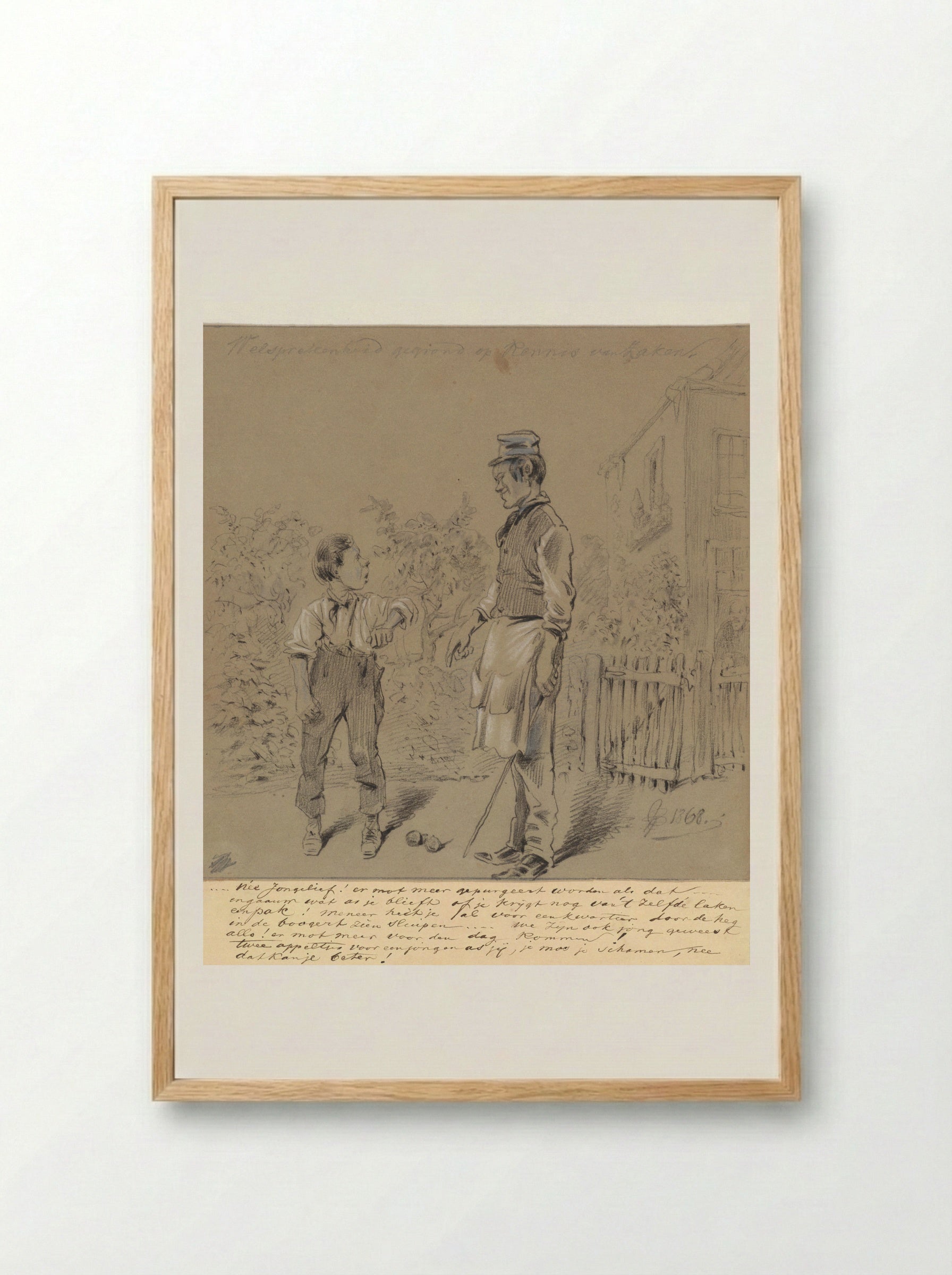 Jongen betrapt op stelen van appels in boomgaard - Pieter van Loon - Framed Print Wood