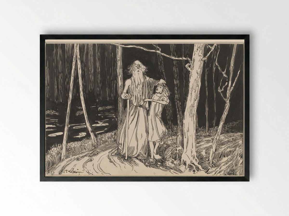 Jongen die een oude blinde man door een bos leidt - C. Lapine - Framed Print Black