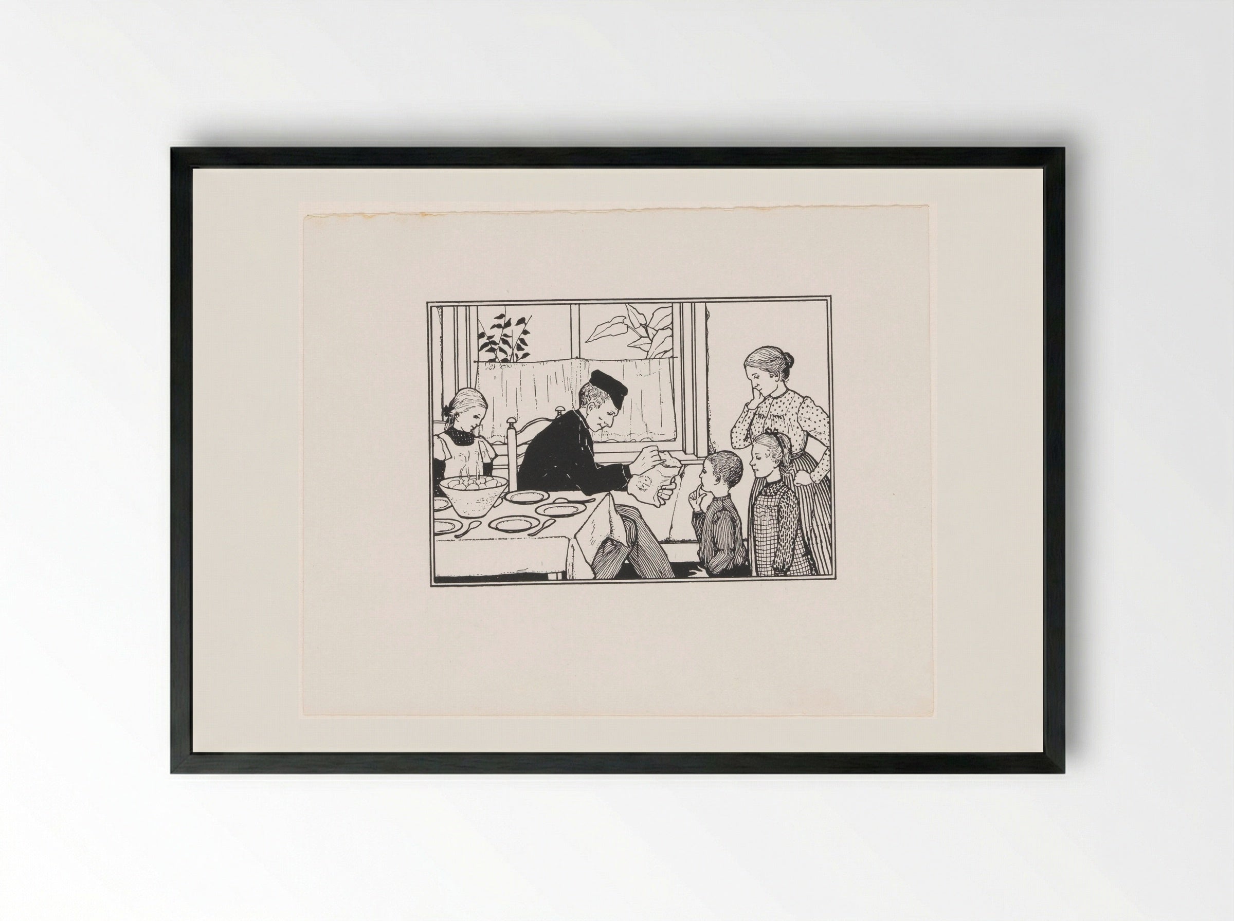 Jongen en meisje tonen hun vader een zak - Julie de Graag - Framed Print Black