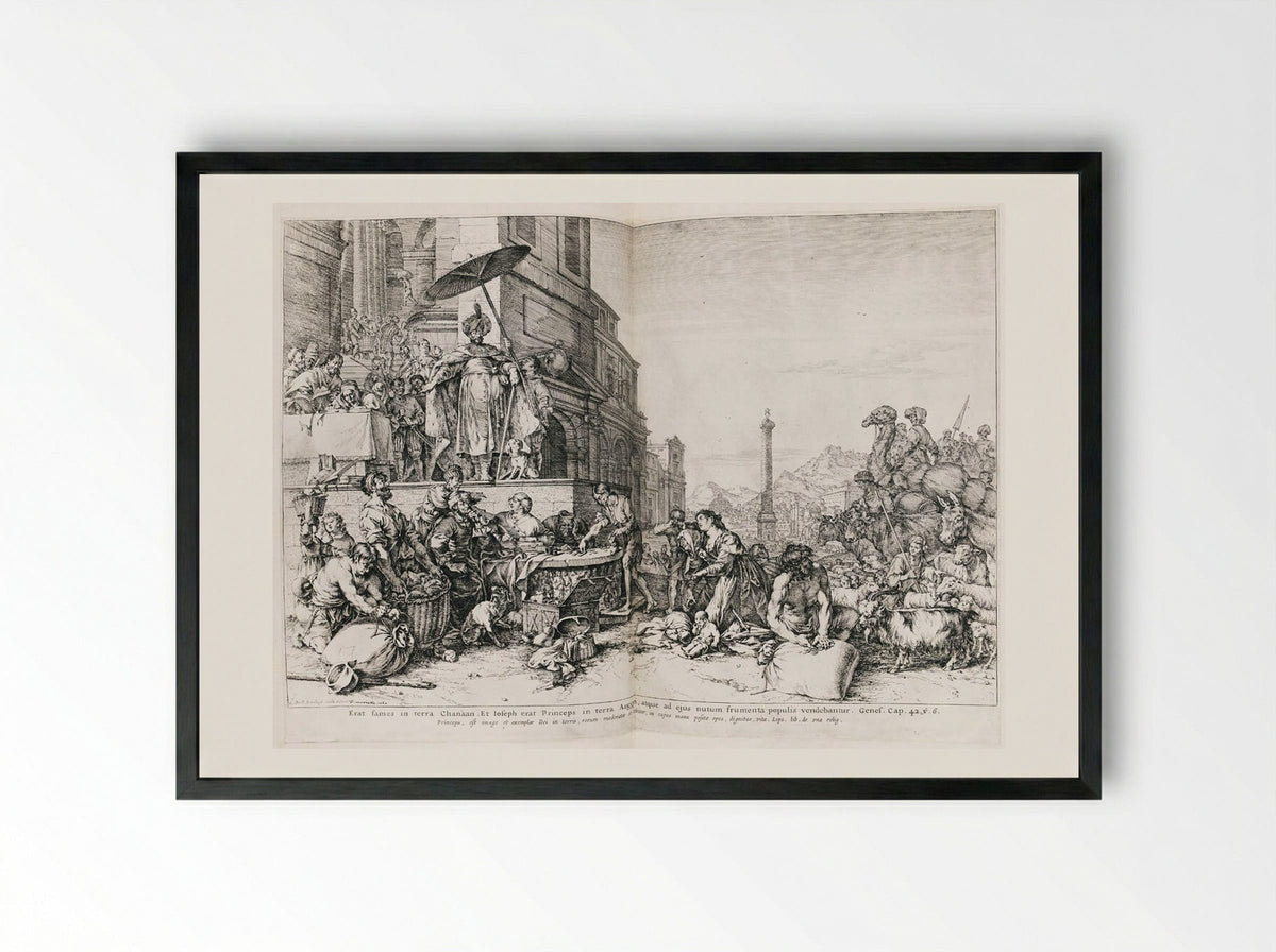 Joseph Distributing Grain in Egypt - Jan de Bisschop - Framed Print Black