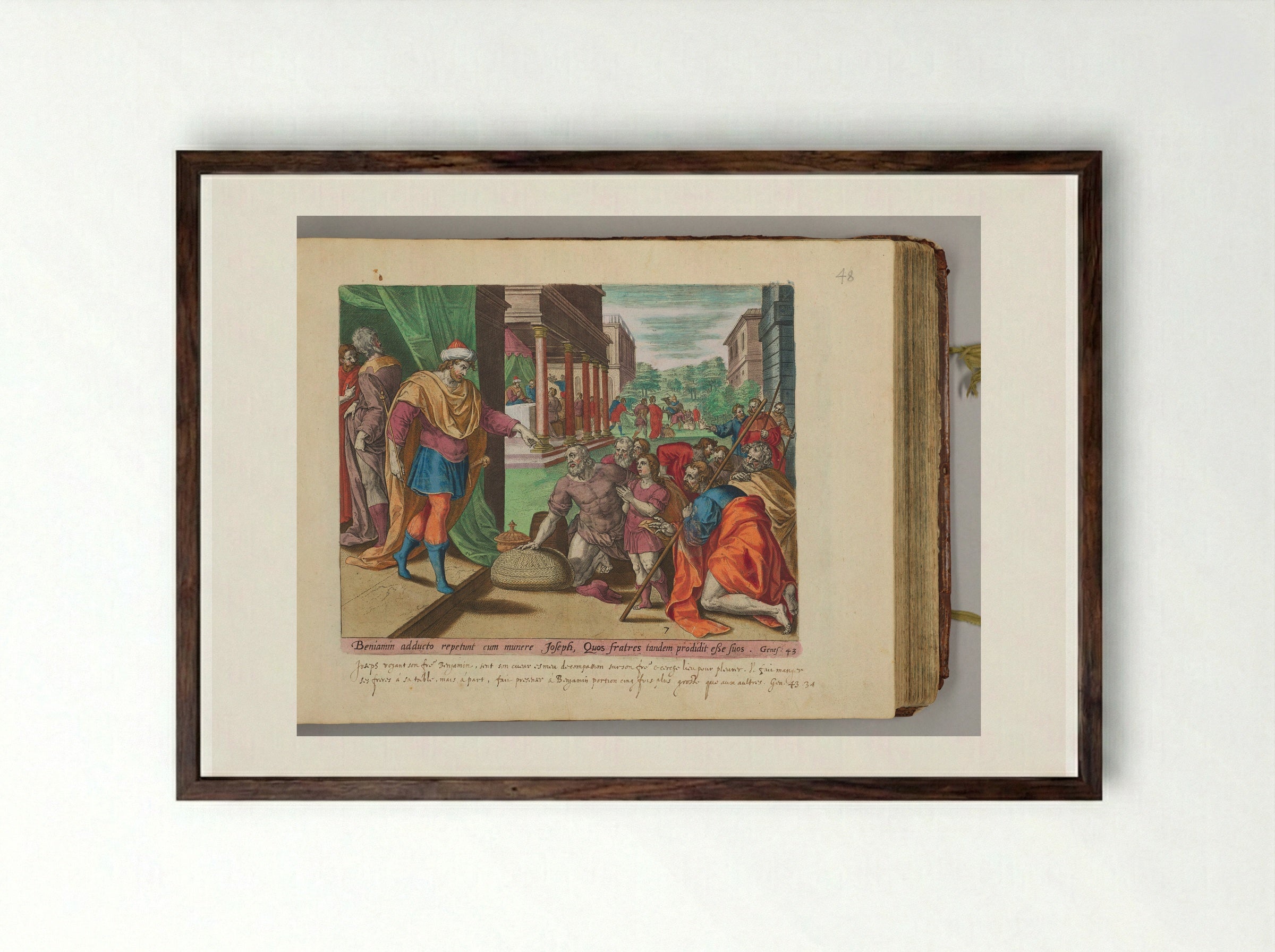 Joseph Receives His Brothers and Benjamin - Hans Collaert the Elder - Framed Print Dark Wood