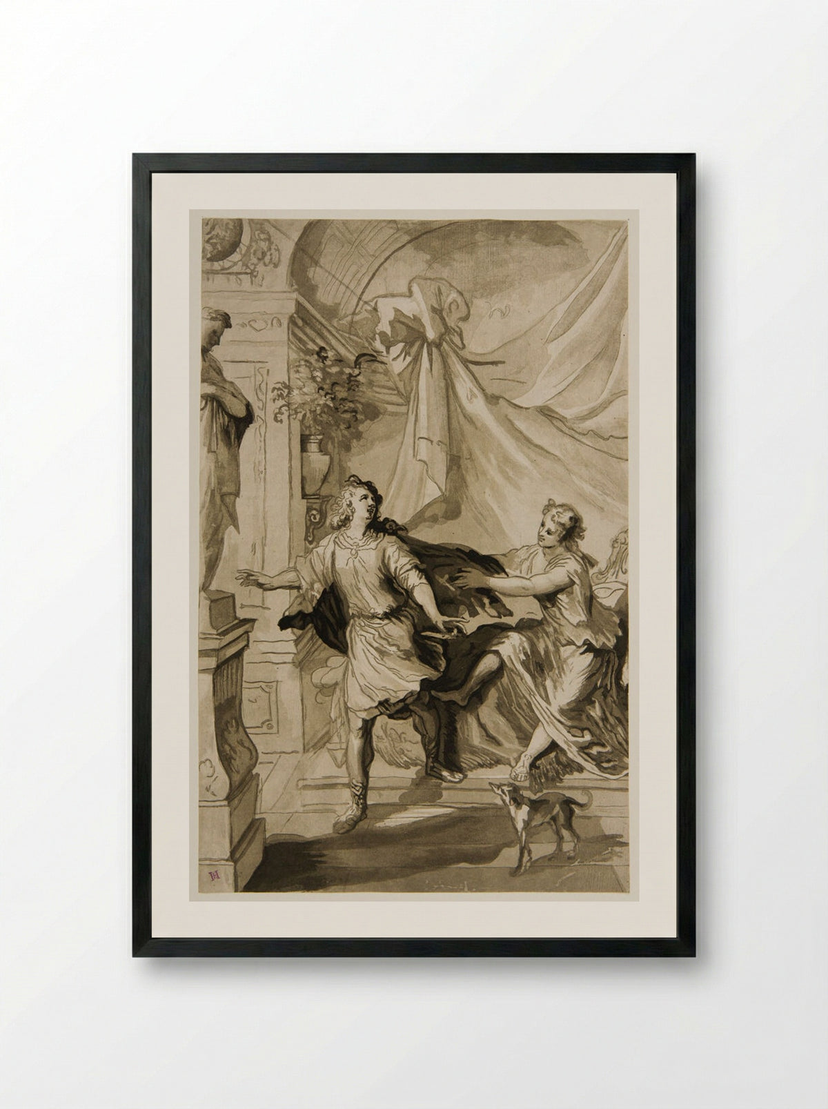Joseph and Potiphar's Wife - Maria Catharina Prestel - Framed Print Black