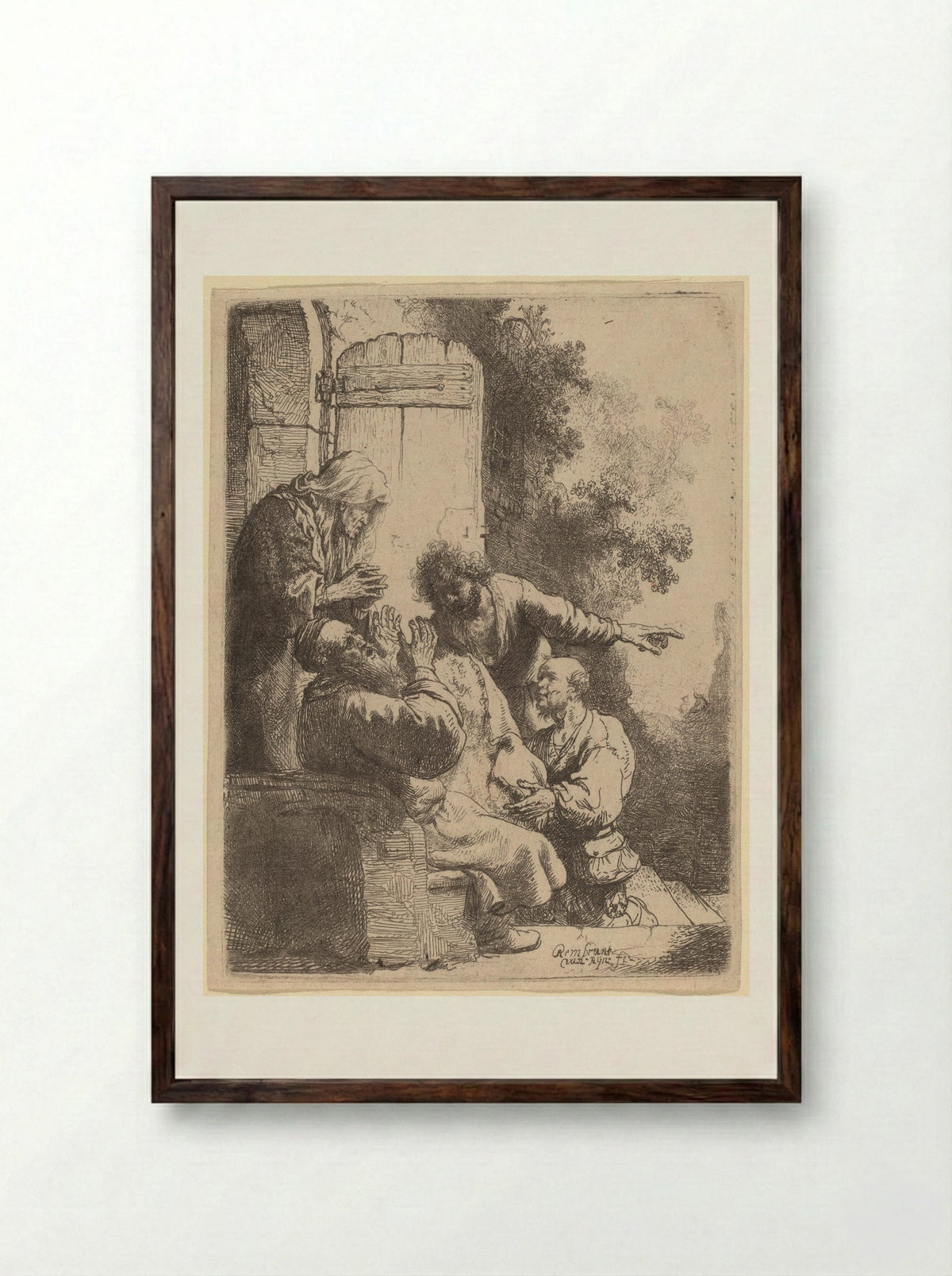 Joseph's Coat Brought to Jacob - Rembrandt Harmensz. van Rijn - Framed Print Dark Wood