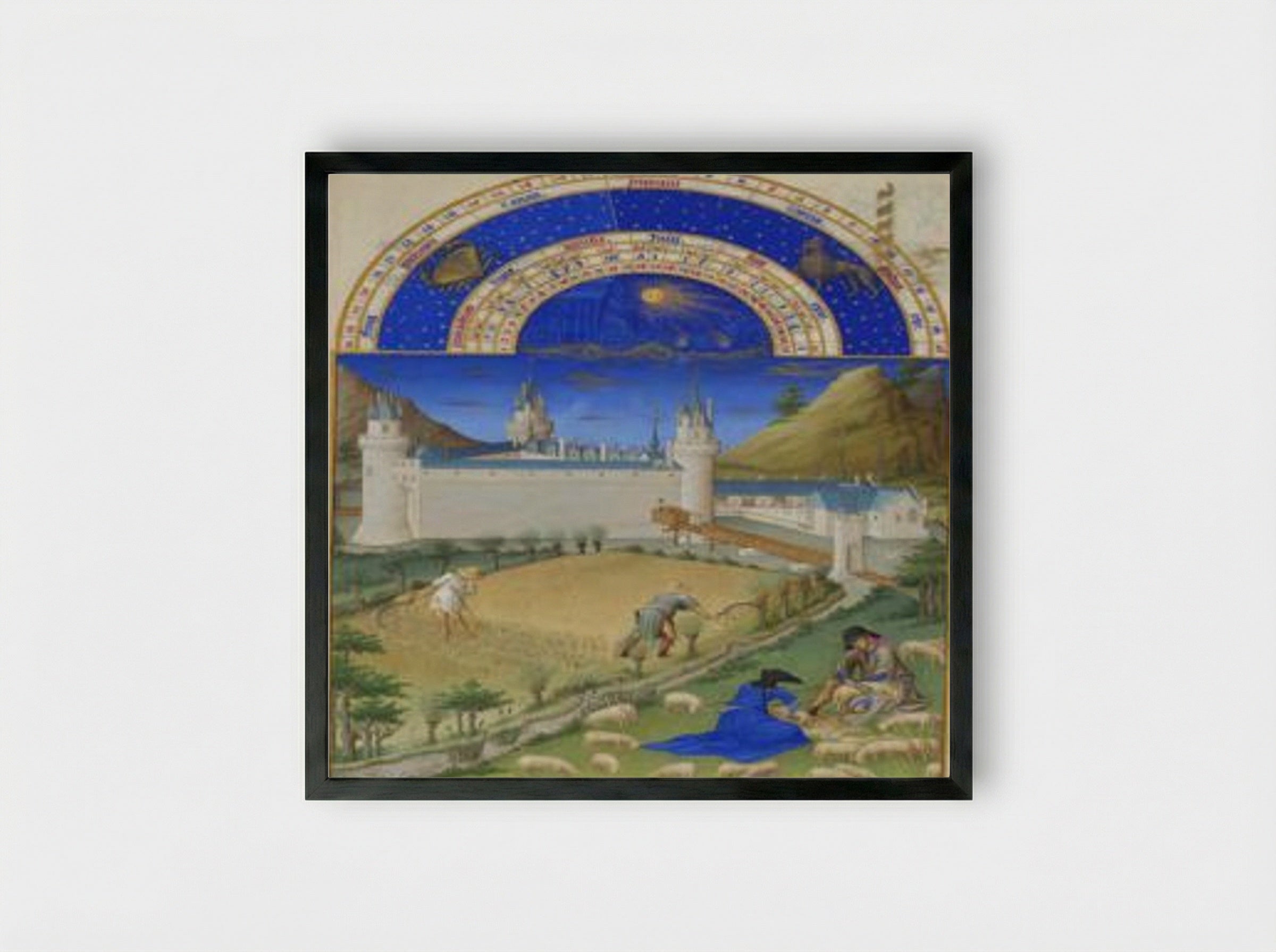 July: Harvesting and Sheep Shearing - Limbourg brothers - Framed Print Black