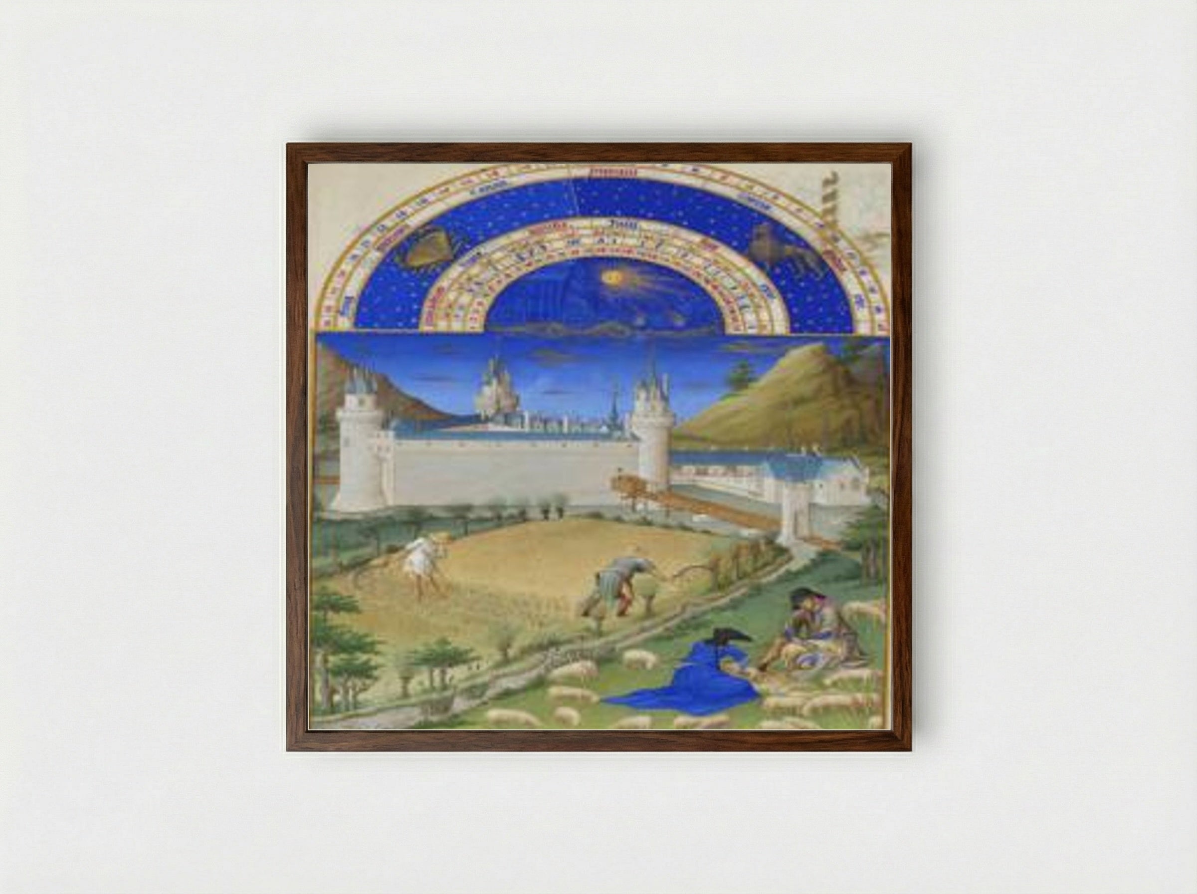 July: Harvesting and Sheep Shearing - Limbourg brothers - Framed Print Dark Wood