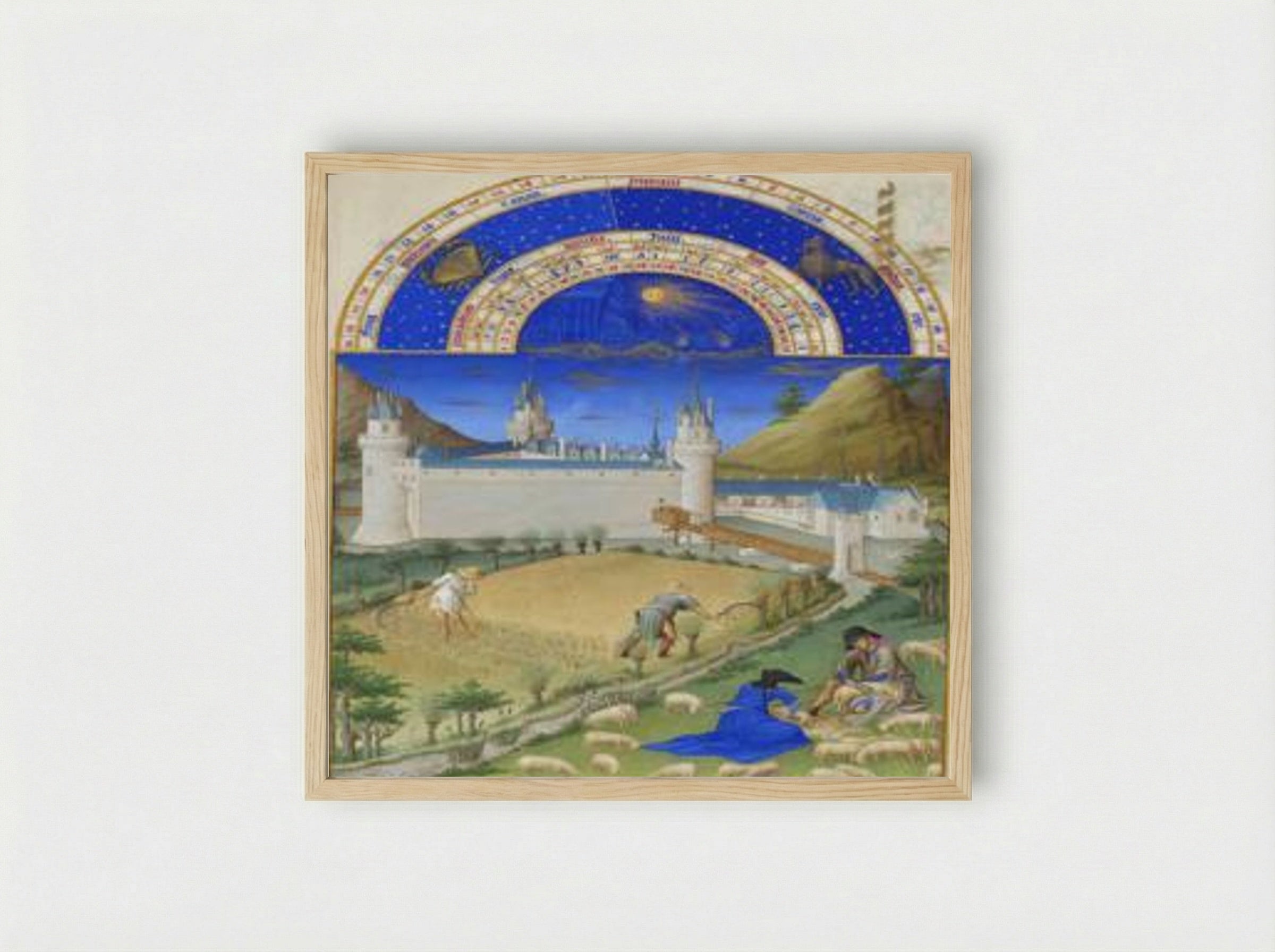 July: Harvesting and Sheep Shearing - Limbourg brothers - Framed Print Wood