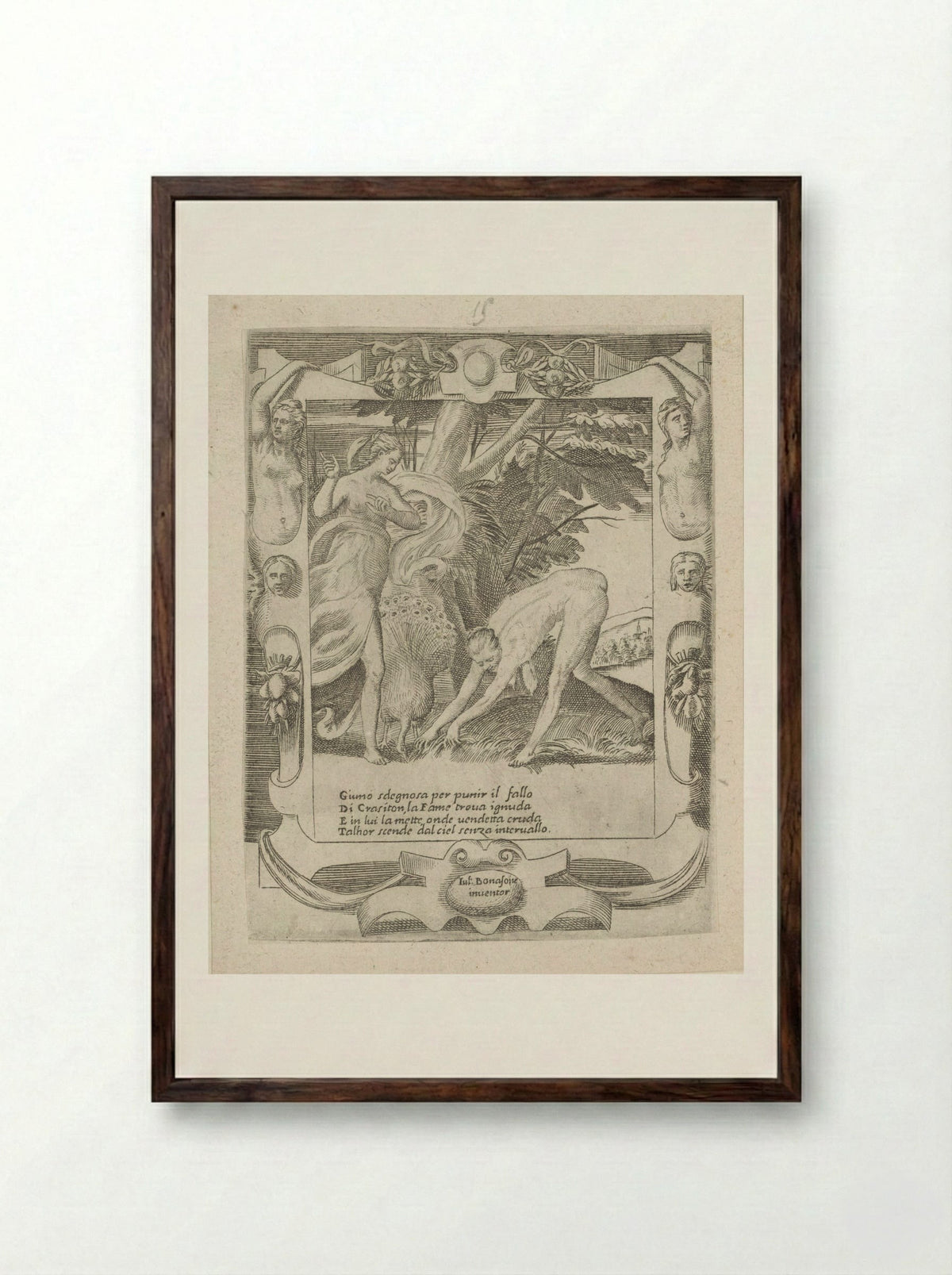 Juno Commands Famine to Afflict Erysichthon - Giulio Bonasone - Framed Print Dark Wood