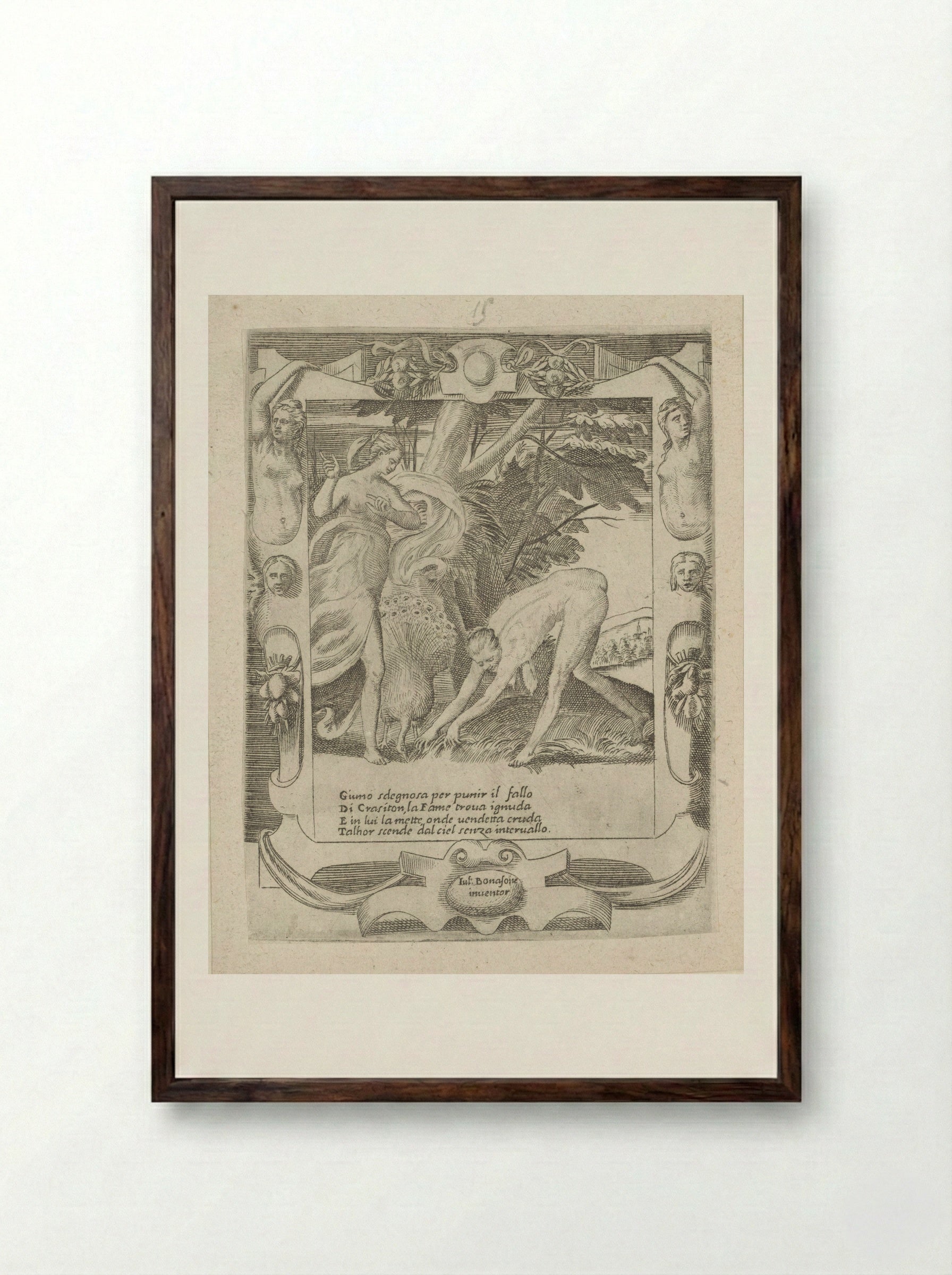 Juno Commands Famine to Afflict Erysichthon - Giulio Bonasone - Framed Print Dark Wood