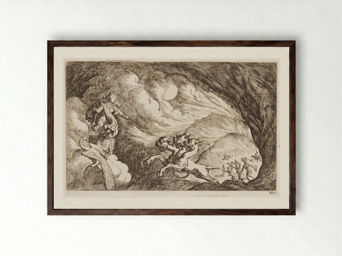 Juno Defies Cerberus and Enters Hades - Johann Wilhelm Baur - Framed Print Dark Wood