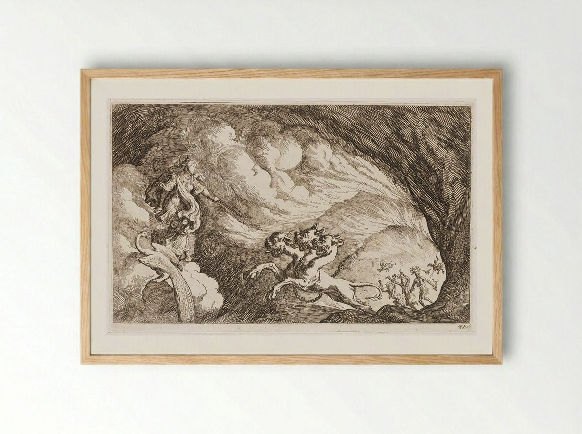 Juno Defies Cerberus and Enters Hades - Johann Wilhelm Baur - Framed Print Wood