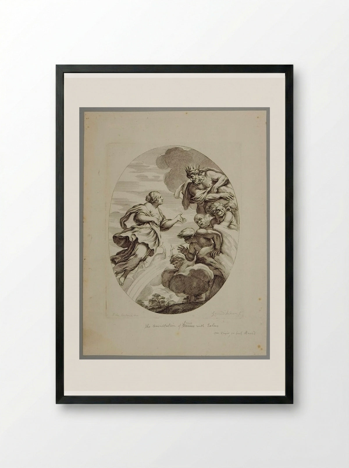 Juno Entreats Aeolus to Loose the Winds against the Fleet of Aeneas - Gérard Audran - Framed Print Black