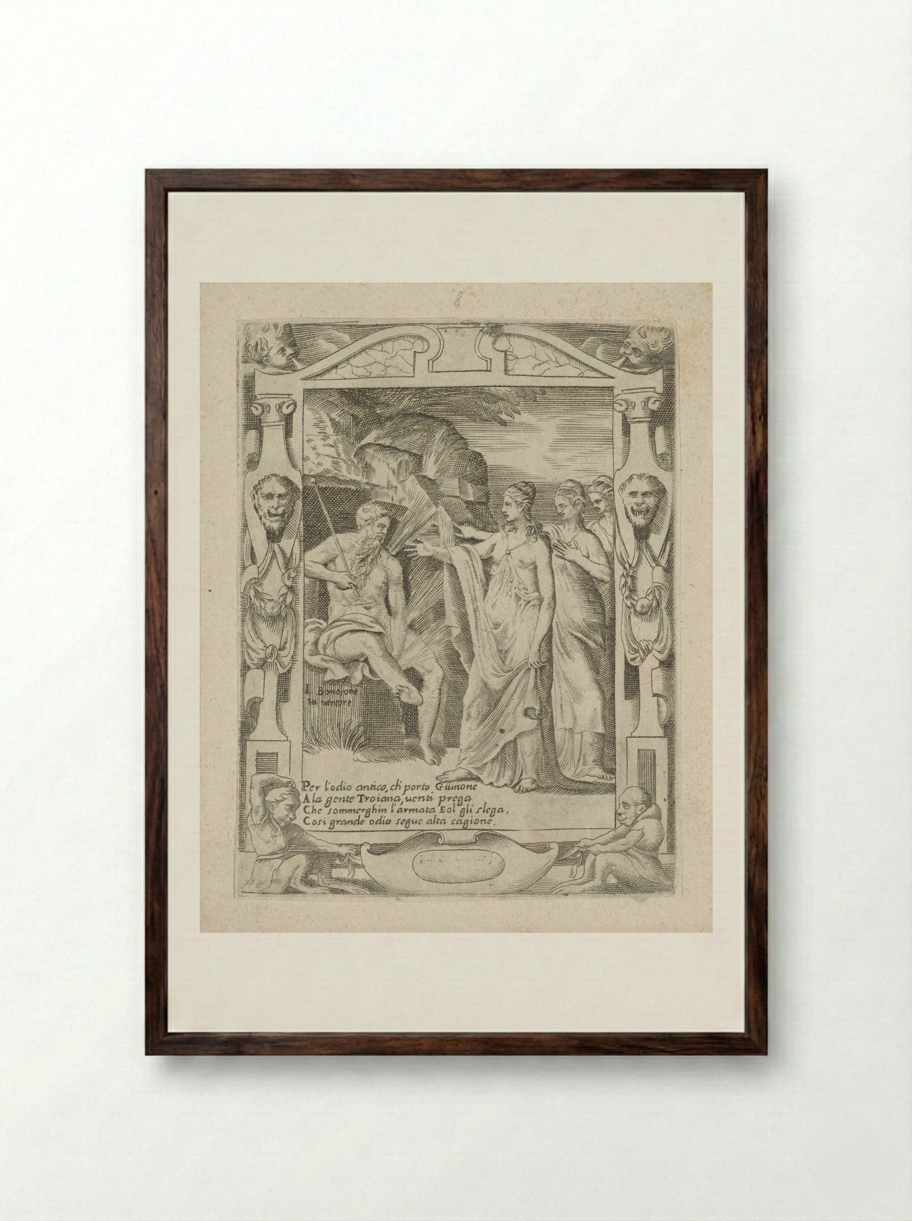 Juno Requests Aeolus to Release the Winds - Giulio Bonasone - Framed Print Dark Wood