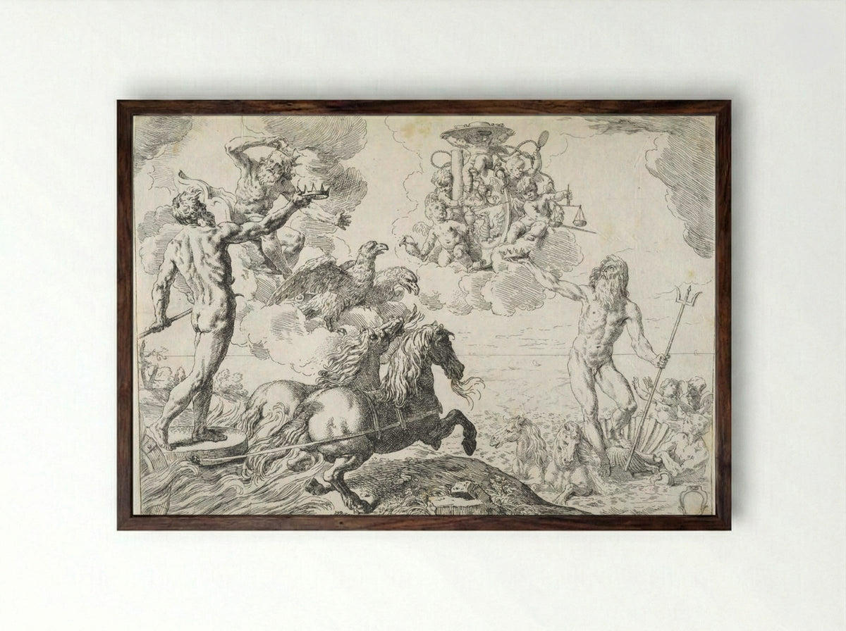 Jupiter, Neptune, and Pluto Offering their Crowns to the Arms of Cardinal Barberini - Simone Cantarini - Framed Print Dark Wood