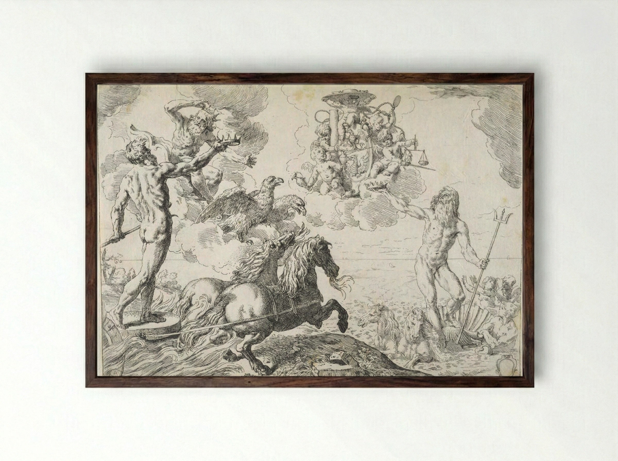Jupiter, Neptune, and Pluto Offering their Crowns to the Arms of Cardinal Barberini - Simone Cantarini - Framed Print Dark Wood