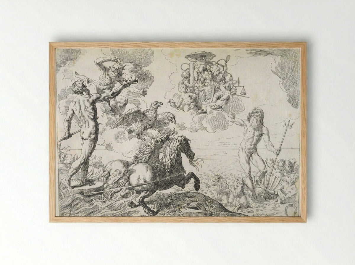 Jupiter, Neptune, and Pluto Offering their Crowns to the Arms of Cardinal Barberini - Simone Cantarini - Framed Print Wood